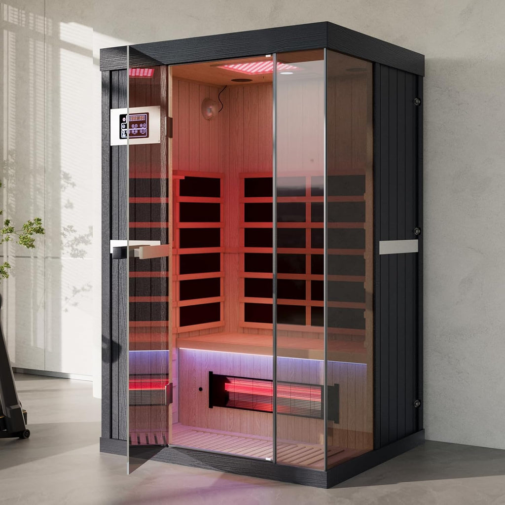 2-Person Full Spectrum Infrared Sauna, 1990W 120V with 12"*12" Red Light Therapy, 2 Speakers, Indoor Dry Sauna for Home & Gym, Canadian Hemlock Wood