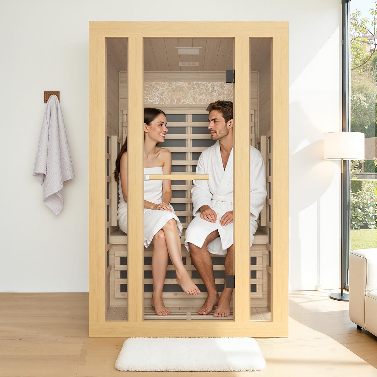 2 Person Far Infrared Sauna, Indoor Sauna for Home, 2000W Low EMF 110V with 8 Heaters, Chromotherapy Lights, Control Panel, Foot Controllable, Bluetooth Speaker, 47.2 * 41.3 * 75 in
