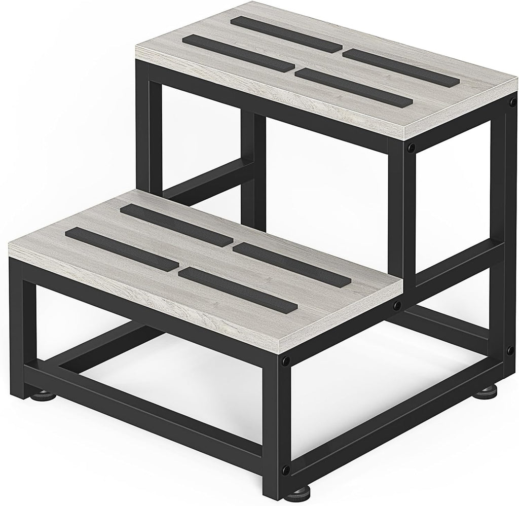 LIANTRAL Step Stool for Adults & Kids, Heavy Duty Wooden Stepping Stools, Bedside Foot Stool with 500lbs Load Capacity, Non-Slip 2 Step Stool for Bed, Kitchen, RV - Gray