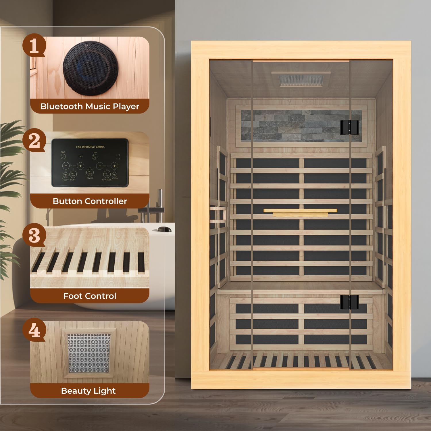 2 Person Far Infrared Sauna, Indoor Sauna for Home, 2000W Low EMF 110V with 8 Heaters, Chromotherapy Lights, Control Panel, Foot Controllable, Bluetooth Speaker, 47.2 * 41.3 * 75 in