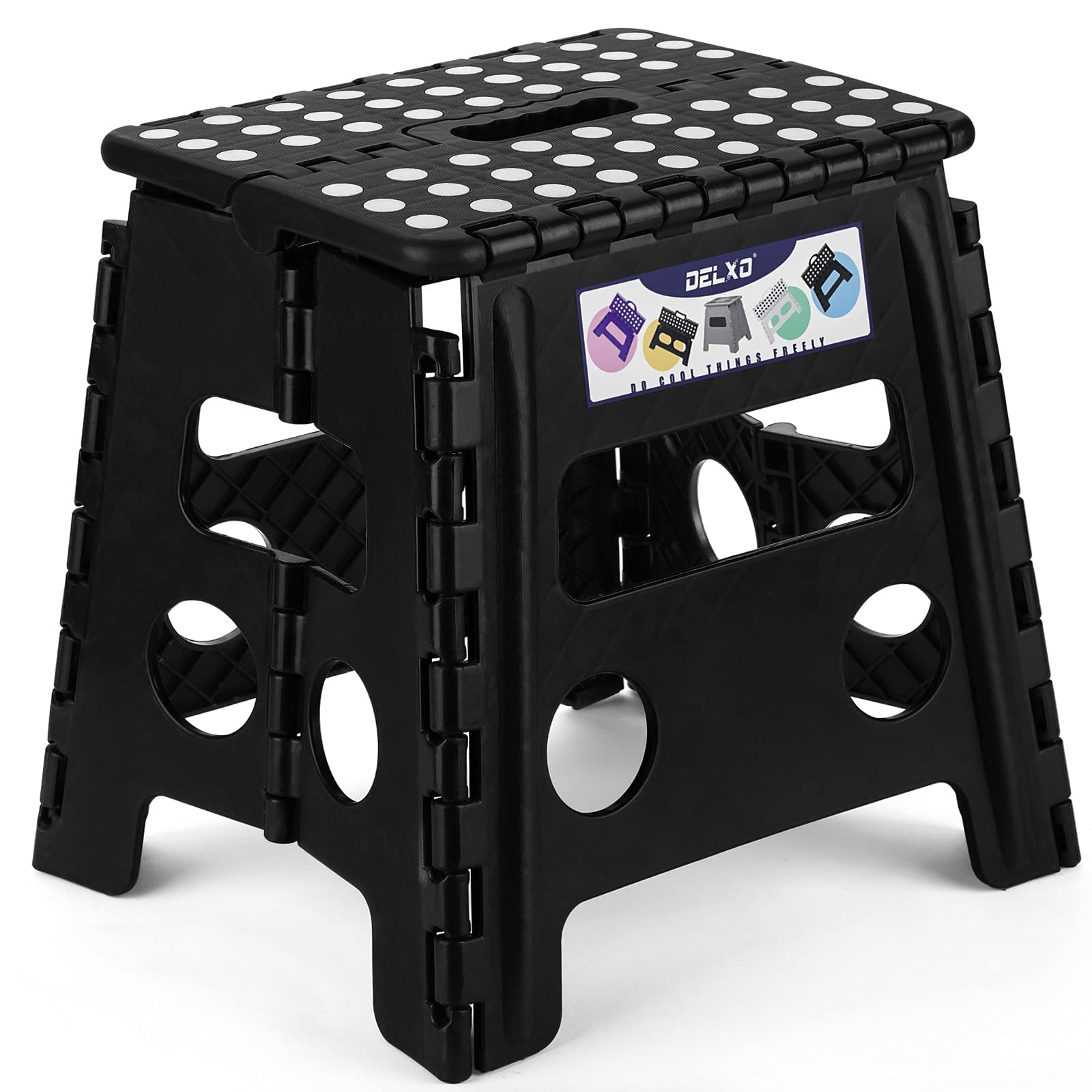 Delxo Folding Step Stool, 13 inch Non-Slip Foldable Stools Up to 300 LBS, Step Stool with Handle, Lightweight for Kitchen, Bathroom, Bedroom, Garden, Black, 1PC
