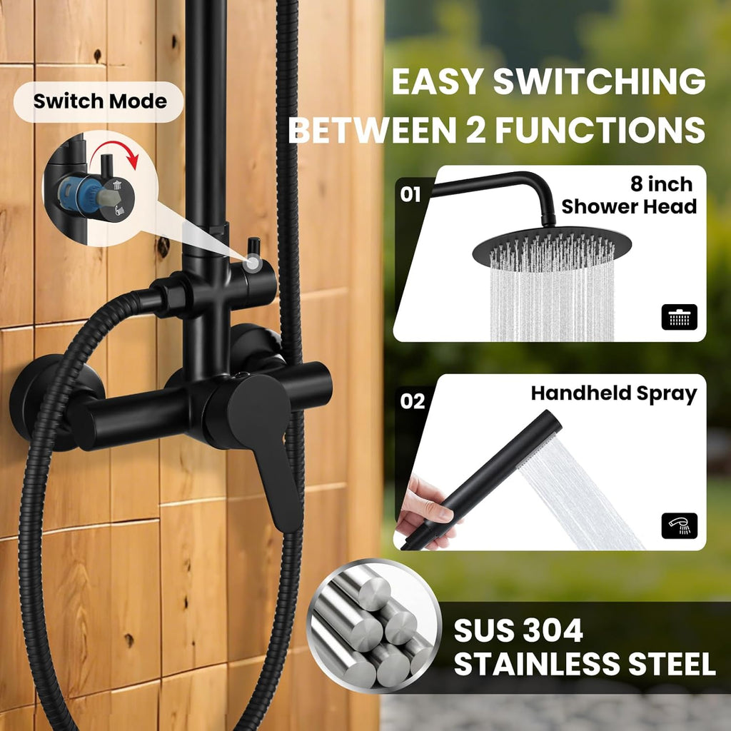 gotonovo Outdoor Shower Fixtures SUS304 Stainless Steel Rain Shower Kit Faucet High Pressure Wall Mount 2 Dual Function 8 Inch Showerhead and Handheld Spray Combo, Single Handle, Matte Black
