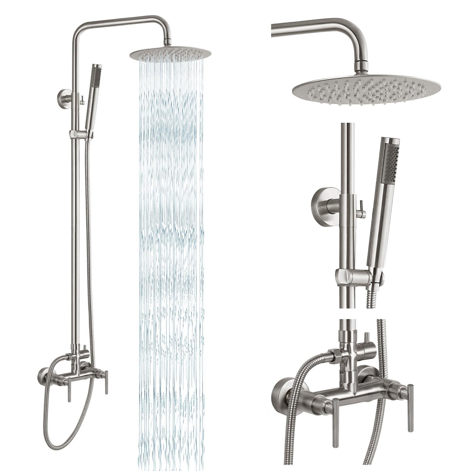 gotonovo Outdoor Shower Fixtures SUS304 Stainless Steel Rain Shower Kit Faucet High Pressure Wall Mount 2 Dual Function 8 Inch Showerhead and Handheld Spray Combo, Single Handle, Brushed Nickel