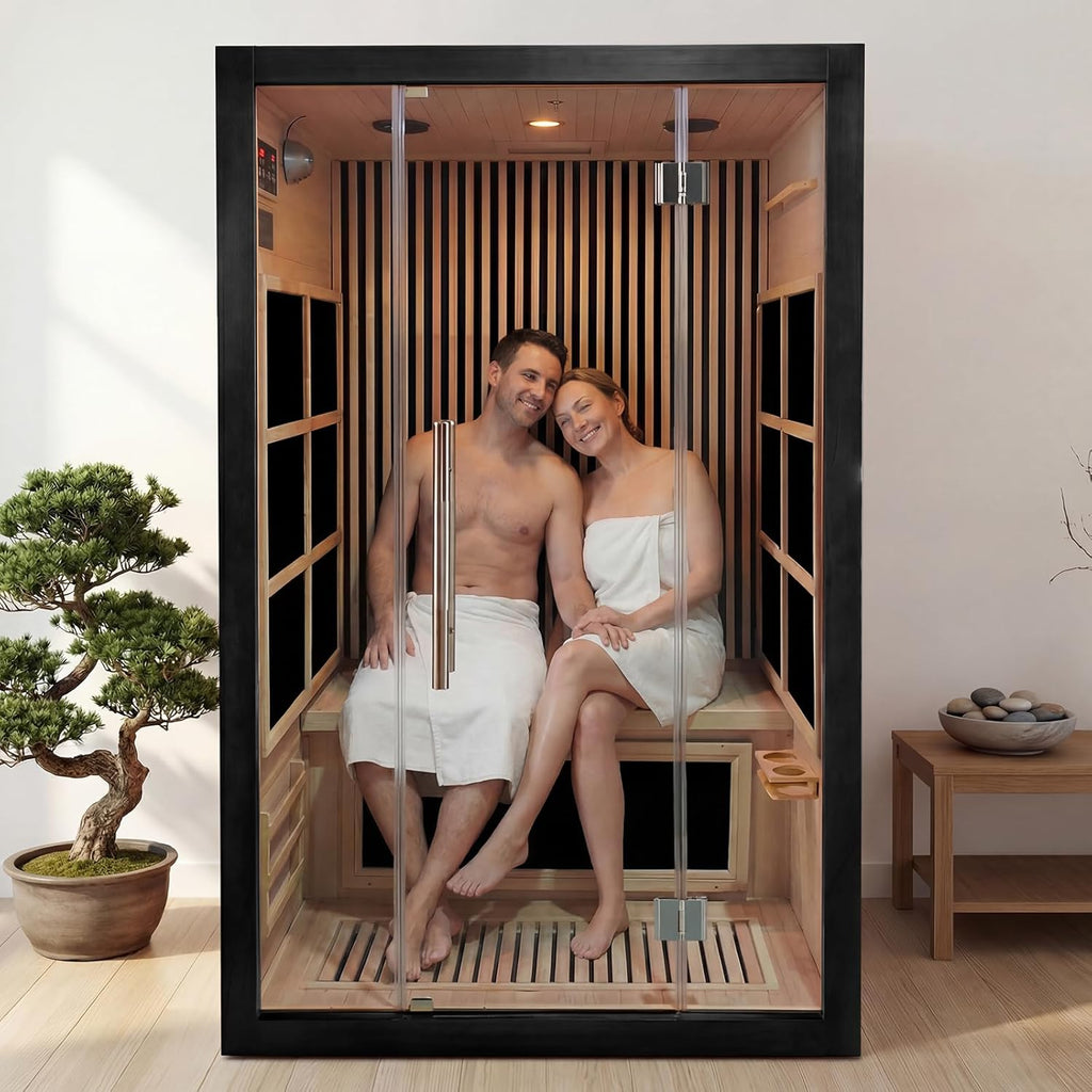 Vyre Sauna for 2 Person, Low EMF FAR Infrared Home Sauna with 6 Carbon Heaters, Red Light Therapy and FM Audio, Made from Canadian Hemlock Wood, 120V, Black