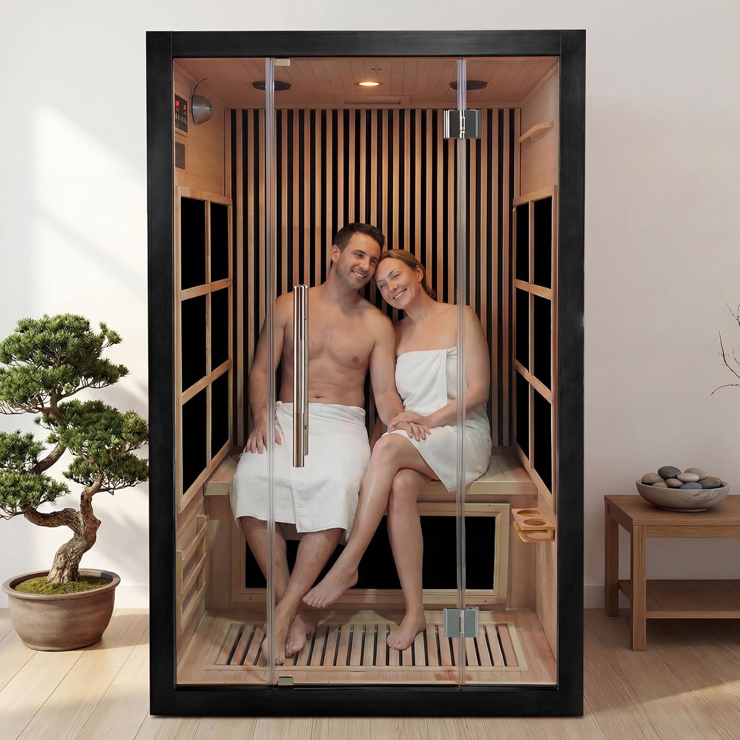 Vyre Sauna for 2 Person, Low EMF FAR Infrared Home Sauna with 6 Carbon Heaters, Red Light Therapy and FM Audio, Made from Canadian Hemlock Wood, 120V, Black