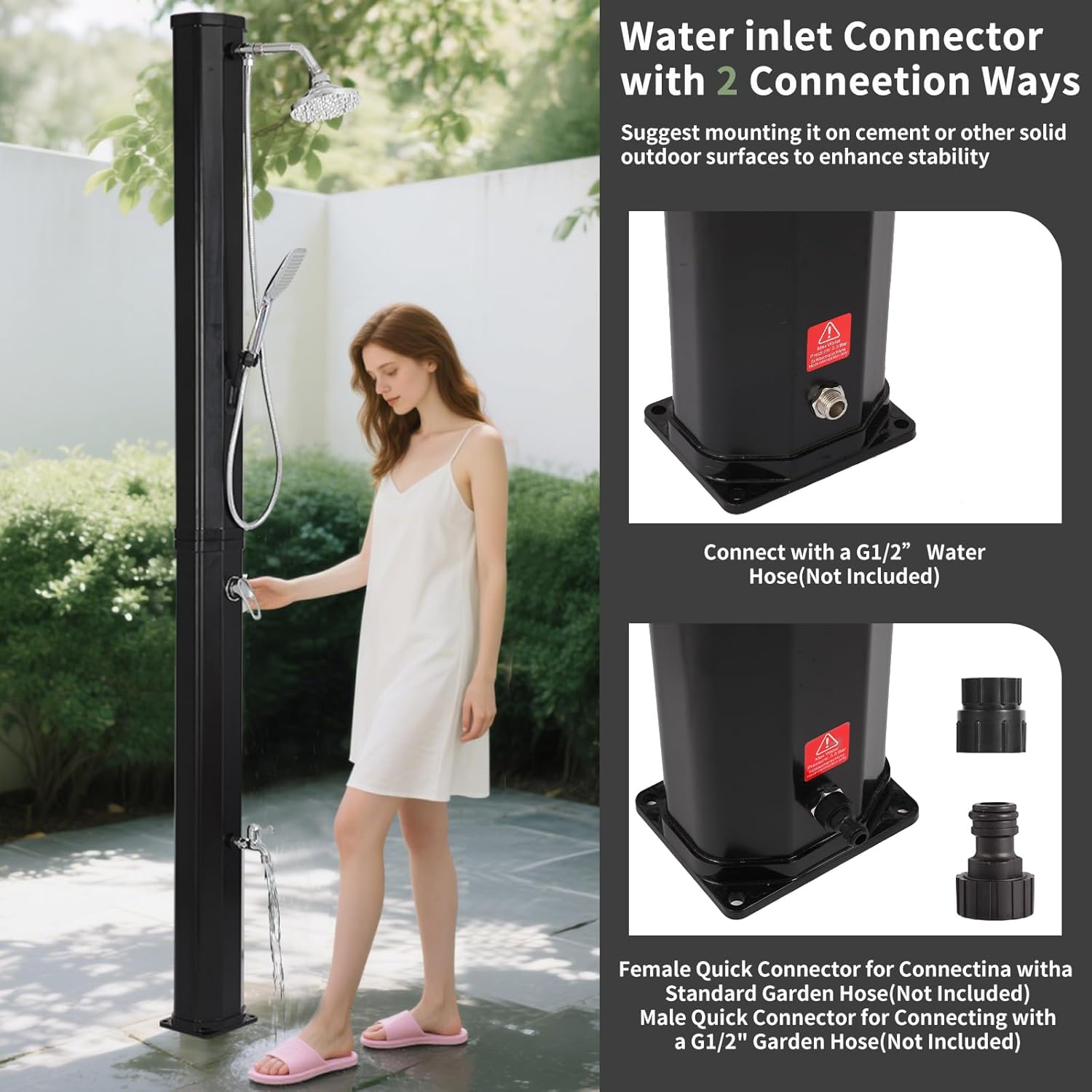 9.3 Gallon Solar Heated Outdoor Shower, 7.2FT Height, 360°Rotating Rainfall + 6FT Handheld Shower + Foot Faucet, Freestanding Black Poolside Shower with Hot & Cold Water Adjustment