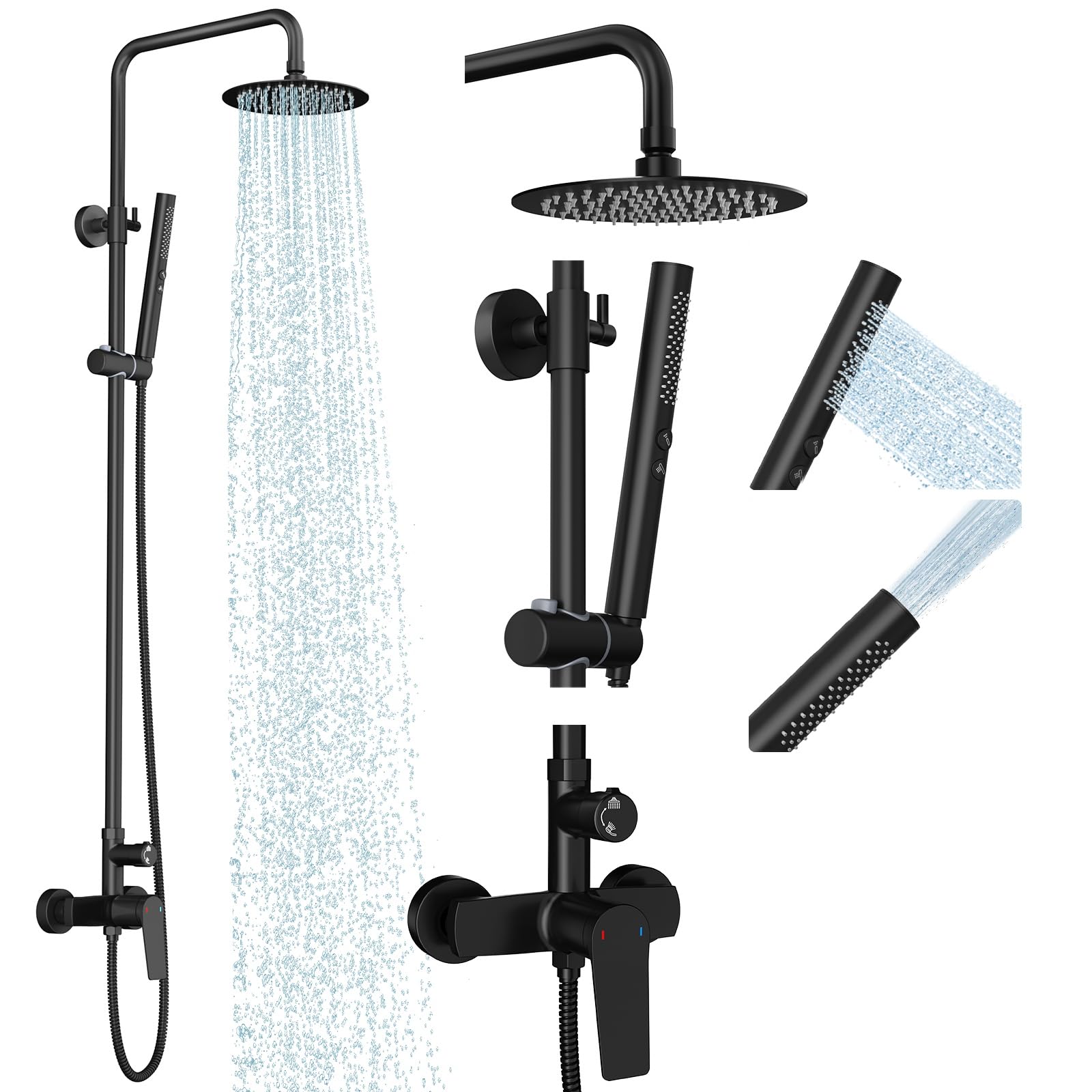 Rainsworth Outdoor Shower Kit Matte Black - Single Handle Brass Valve, 8 Inch Rain Shower Head and Handheld Spray Shower Fixture Combo, 304 Stainless Steel Wall Mount