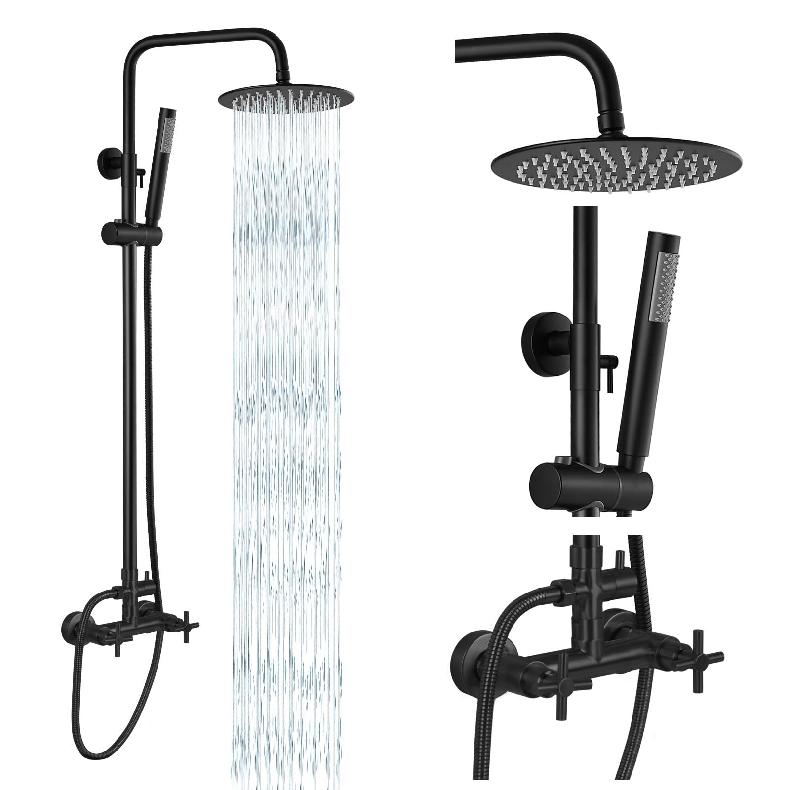 gotonovo Outdoor Shower Fixtures SUS304 Stainless Steel Rain Shower Kit Faucet High Pressure Wall Mount 2 Dual Function 8 Inch Showerhead and Handheld Spray Combo, Single Handle, Matte Black