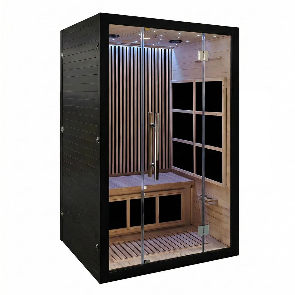Vyre Sauna for 2 Person, Low EMF FAR Infrared Home Sauna with 6 Carbon Heaters, Red Light Therapy and FM Audio, Made from Canadian Hemlock Wood, 120V, Black