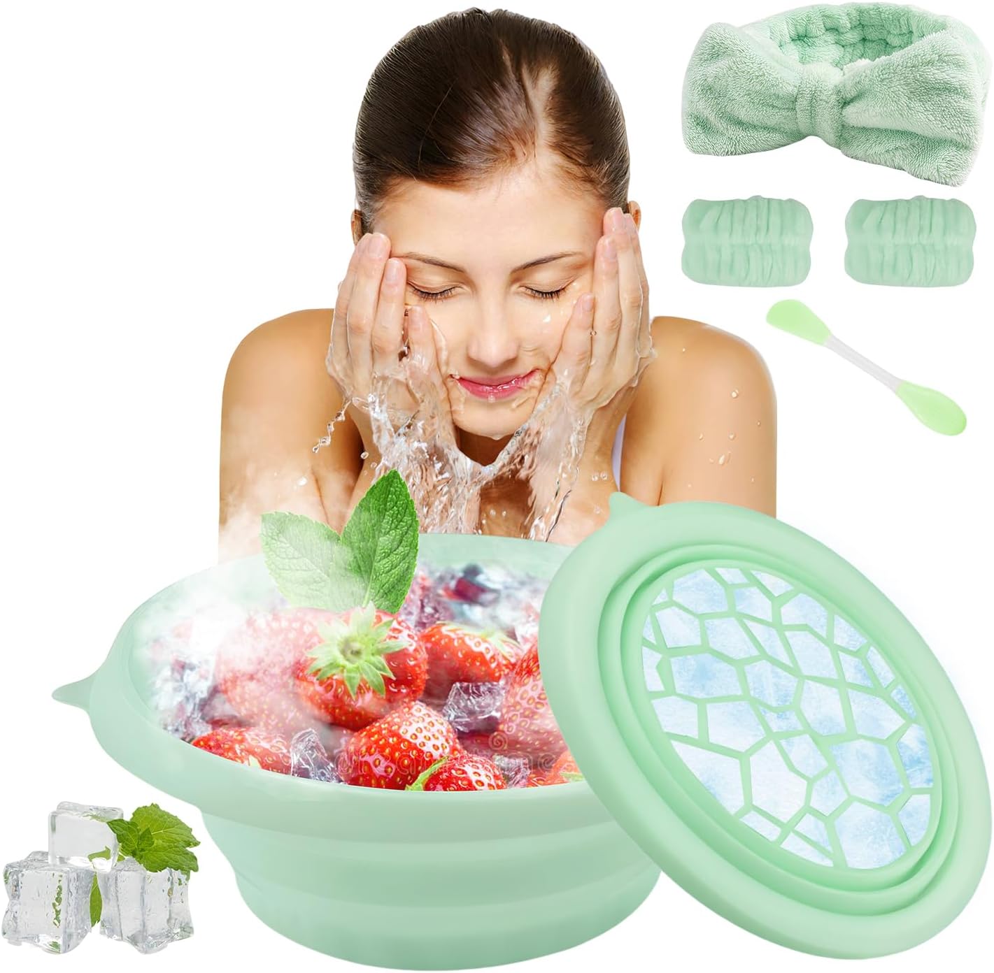 Face Tub for Ice Bath with Built-In Icetray, Collapsible Silicone Ice Face Bowl with Skincare Headband and Mask Brush, Cold Plunge Tub for Face,for Skin Tightening, Puffiness, Acne Relief & Glow