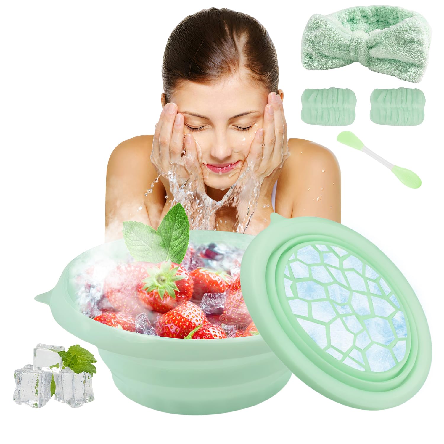 Face Tub for Ice Bath with Built-In Icetray, Collapsible Silicone Ice Face Bowl with Skincare Headband and Mask Brush, Cold Plunge Tub for Face,for Skin Tightening, Puffiness, Acne Relief & Glow