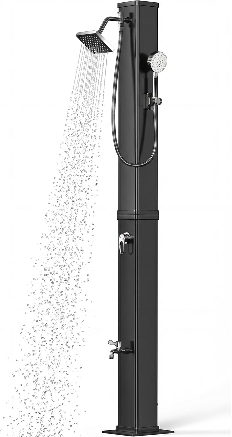 10.6 Gallon Solar Heated Outdoor Shower, Freestanding Poolside Shower with 360° Rainfall & Handheld Sprayer & Foot Wash, Thickened PVC for Crack-Resistant, Hot/Cold Adjustment for Garden, Beach, Pet