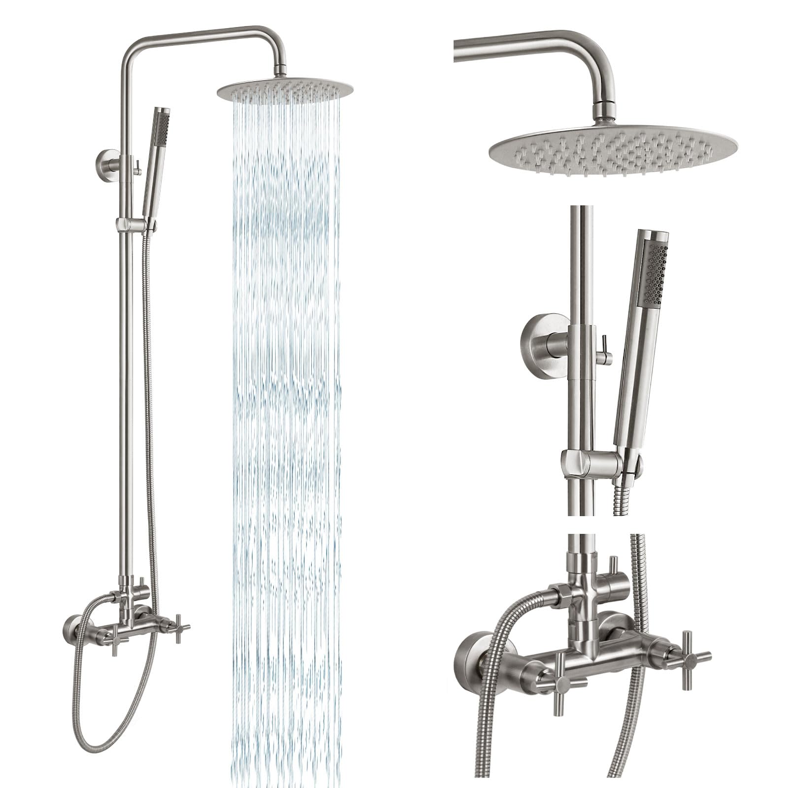 gotonovo Outdoor Shower Fixtures SUS304 Stainless Steel Rain Shower Kit Faucet High Pressure Wall Mount 2 Dual Function 8 Inch Showerhead and Handheld Spray Combo, Single Handle, Matte Black