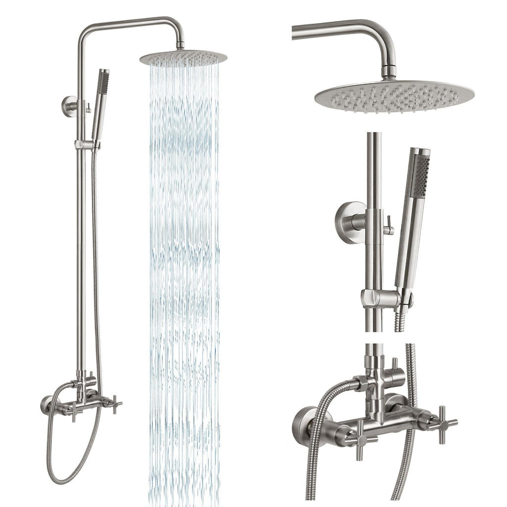 gotonovo Outdoor Shower Fixtures SUS304 Stainless Steel Rain Shower Kit Faucet High Pressure Wall Mount 2 Dual Function 8 Inch Showerhead and Handheld Spray Combo, Single Handle, Brushed Nickel