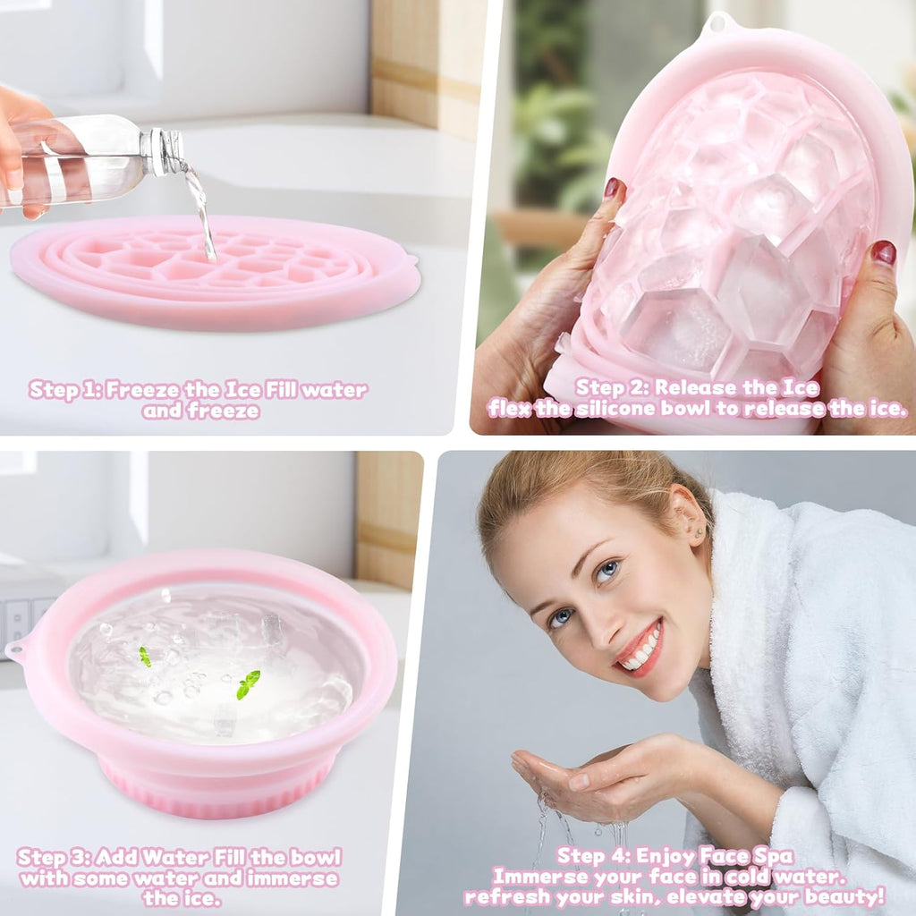Face Ice Bowl with Built-in Tray, Silicone Facial Bath for Skincare to Soothe Pores and Reduce Puffiness, Cold Plunge Tool with Spa Headband and Wristbands, Pink