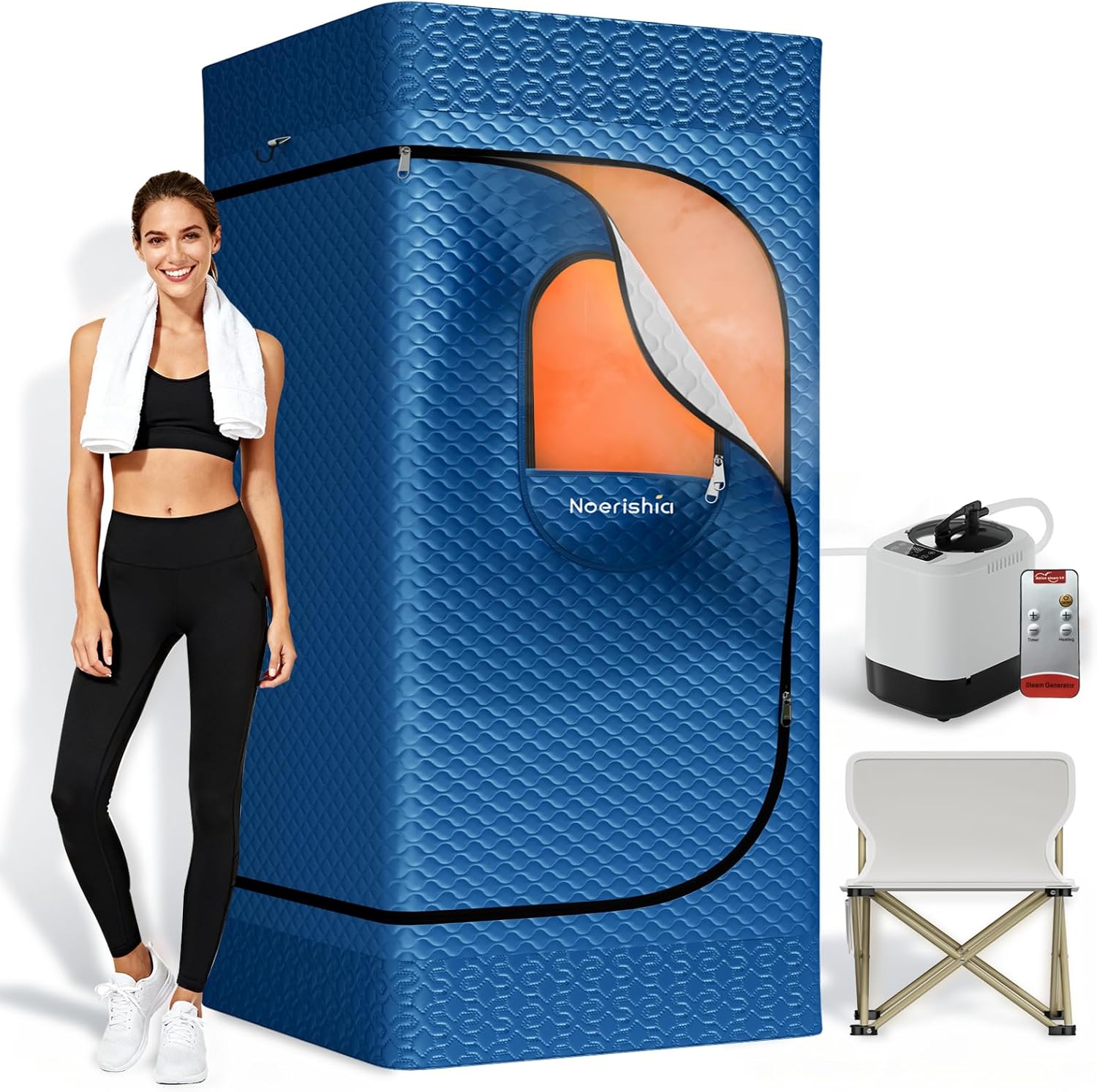 Portable Sauna for Home with 3L 1200W Steamer, Big Folding Chair, 99 Mins Timer, 9 Levels, Pernoanl Steam Sauna Tent Dual YKK Zippers for Home Spa Detoxification, 32' x32' x 71', Blue