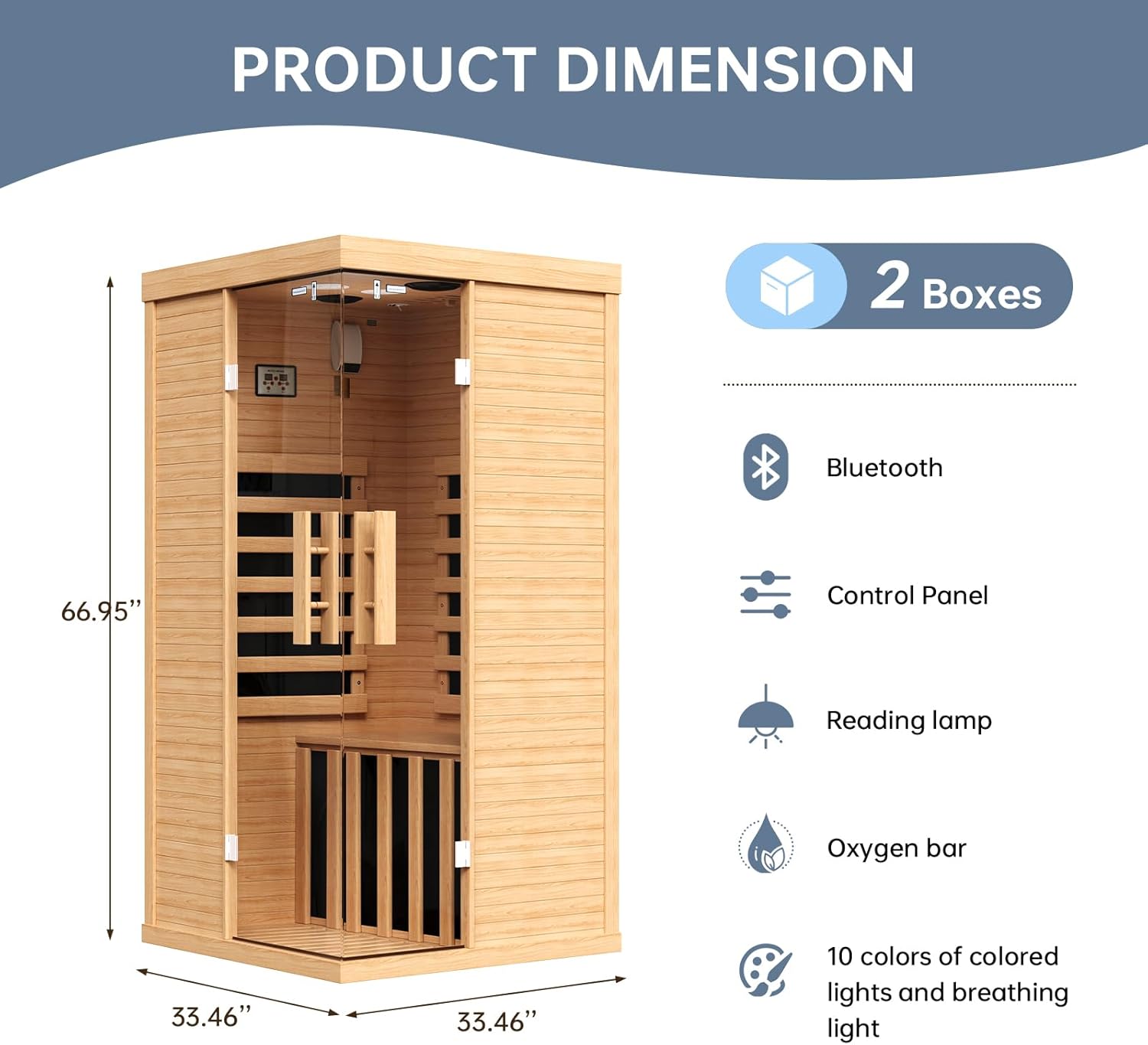 1-2 Person Wooden Infrared Saunas, Traditional Indoor Home Sauna with Control Panel,10 Chromotherapy, Bluetooth Speakers, Low EMF for House & Gym, 33.4 * 33.4 * 70 inch