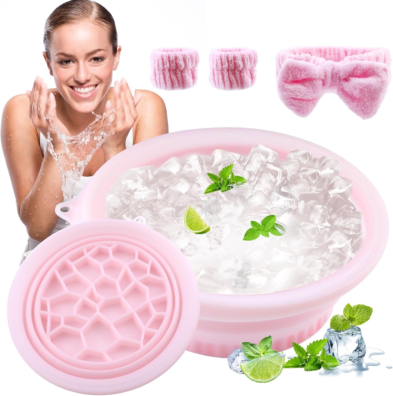 Face Ice Bowl with Built-in Tray, Silicone Facial Bath for Skincare to Soothe Pores and Reduce Puffiness, Cold Plunge Tool with Spa Headband and Wristbands, Pink