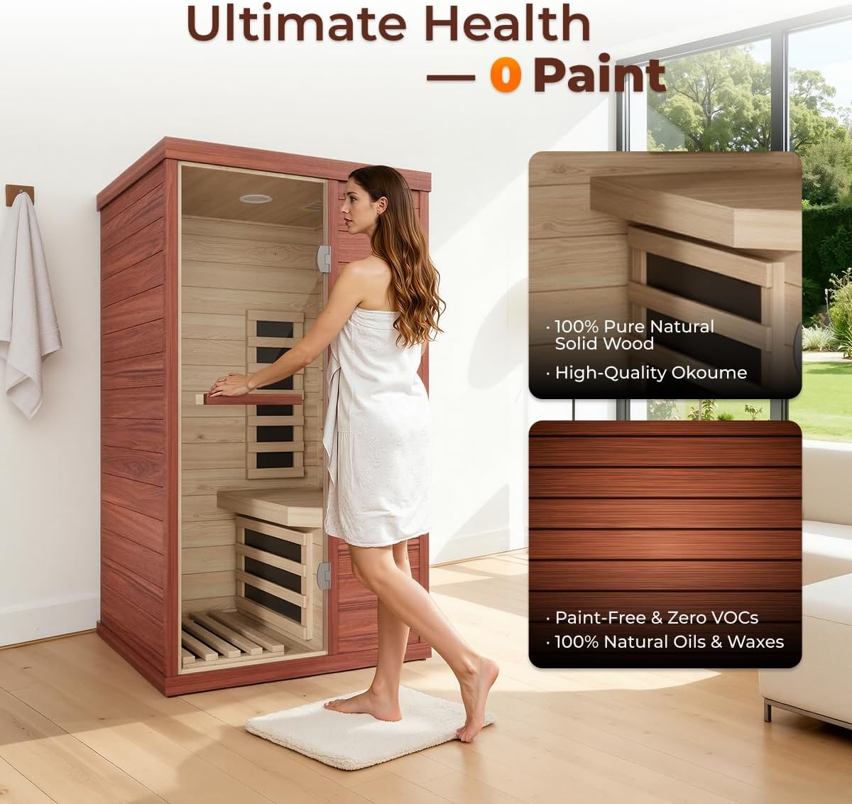1 Person Far Infrared Sauna, Canadian Hemlock Thickened Wood, Extra-Thick Explosion-Proof Glass, 1000W Low EMF 110V with 7 Heaters, Chromotherapy Lights, Control Panel, Bluetooth Speaker, Red Cedar