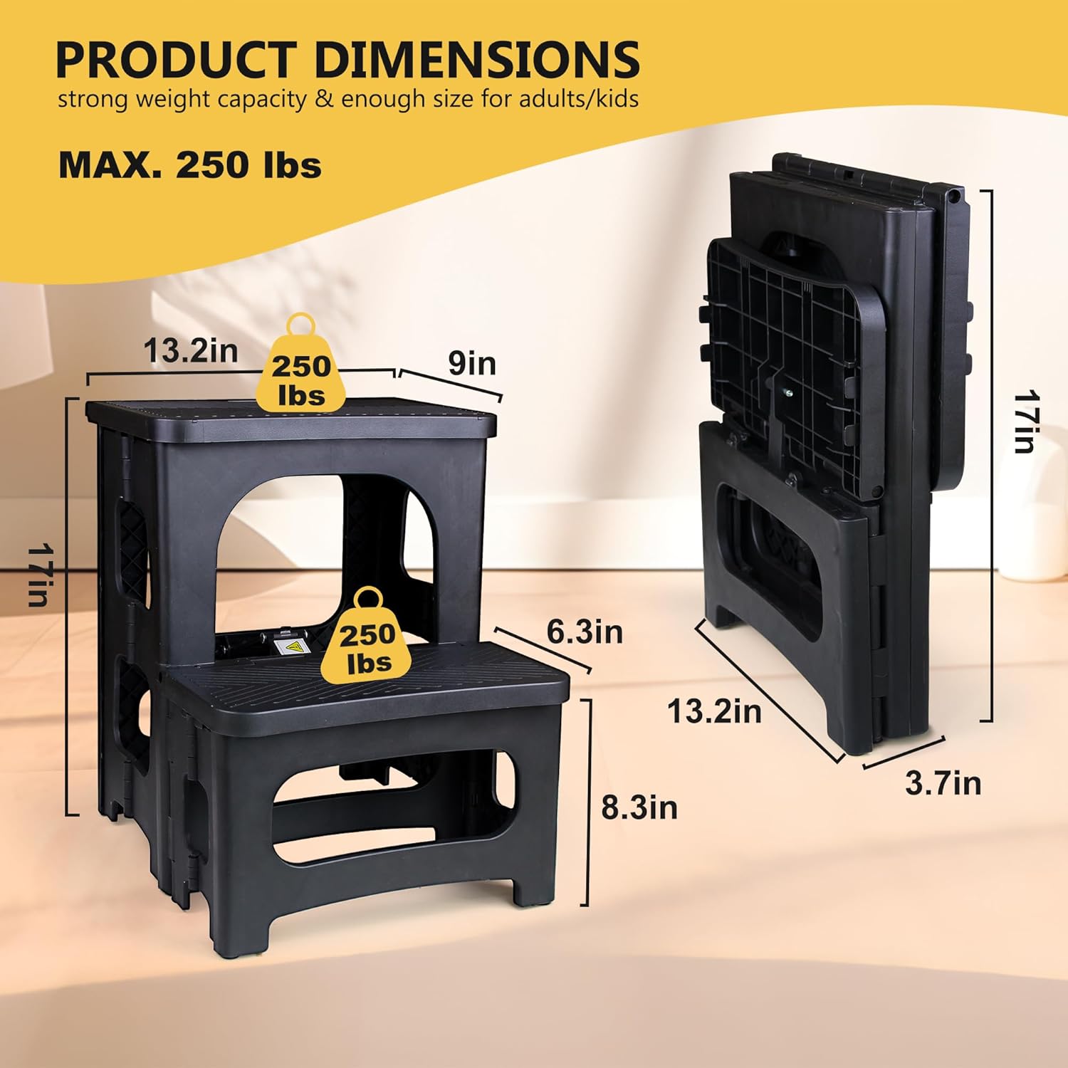 2 Step Folding Stool Non Slip 250 lb Capacity Foldable Step Stool 8 and 17 Inch Dual Height Portable Foot Stool for Kitchen Bathroom Black