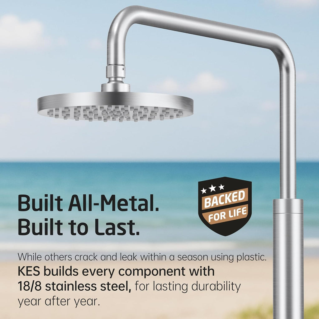 KES Natural Marble Outdoor Shower with Weighted Base, Freestanding Poolside Rain Shower Head & Foot Rinse, 3/4" Brass Hose Adapter, Anti-tip Strap & Ground Stake, 18/8 Stainless Steel, ODS200F18-BS