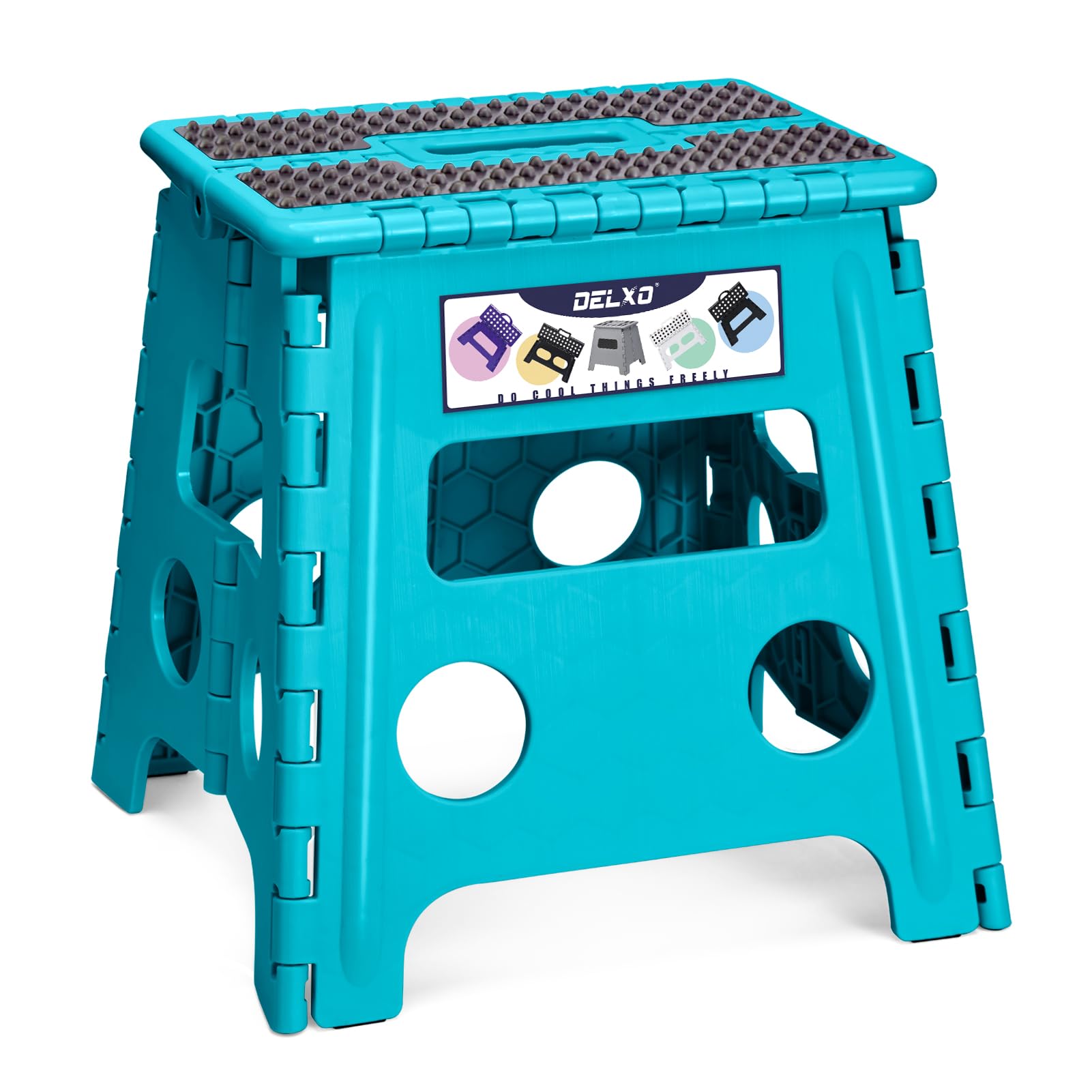 Delxo Folding Step Stool, 13 inch Non-Slip Foldable Stools Up to 300 LBS, Step Stool with Handle, Lightweight for Kitchen, Bathroom, Bedroom, Garden, Black, 1PC