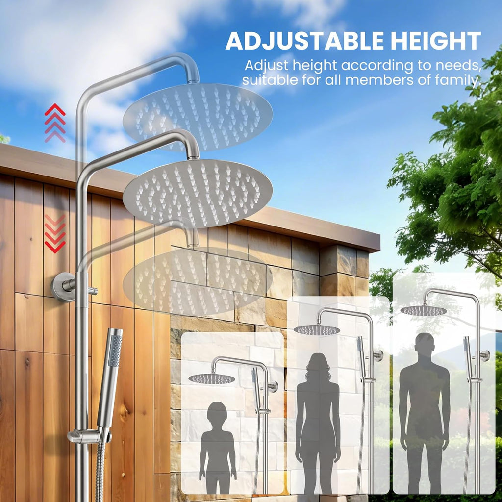 gotonovo Outdoor Shower Fixtures SUS304 Stainless Steel Rain Shower Kit Faucet High Pressure Wall Mount 2 Dual Function 8 Inch Showerhead and Handheld Spray Combo, Single Handle, Brushed Nickel