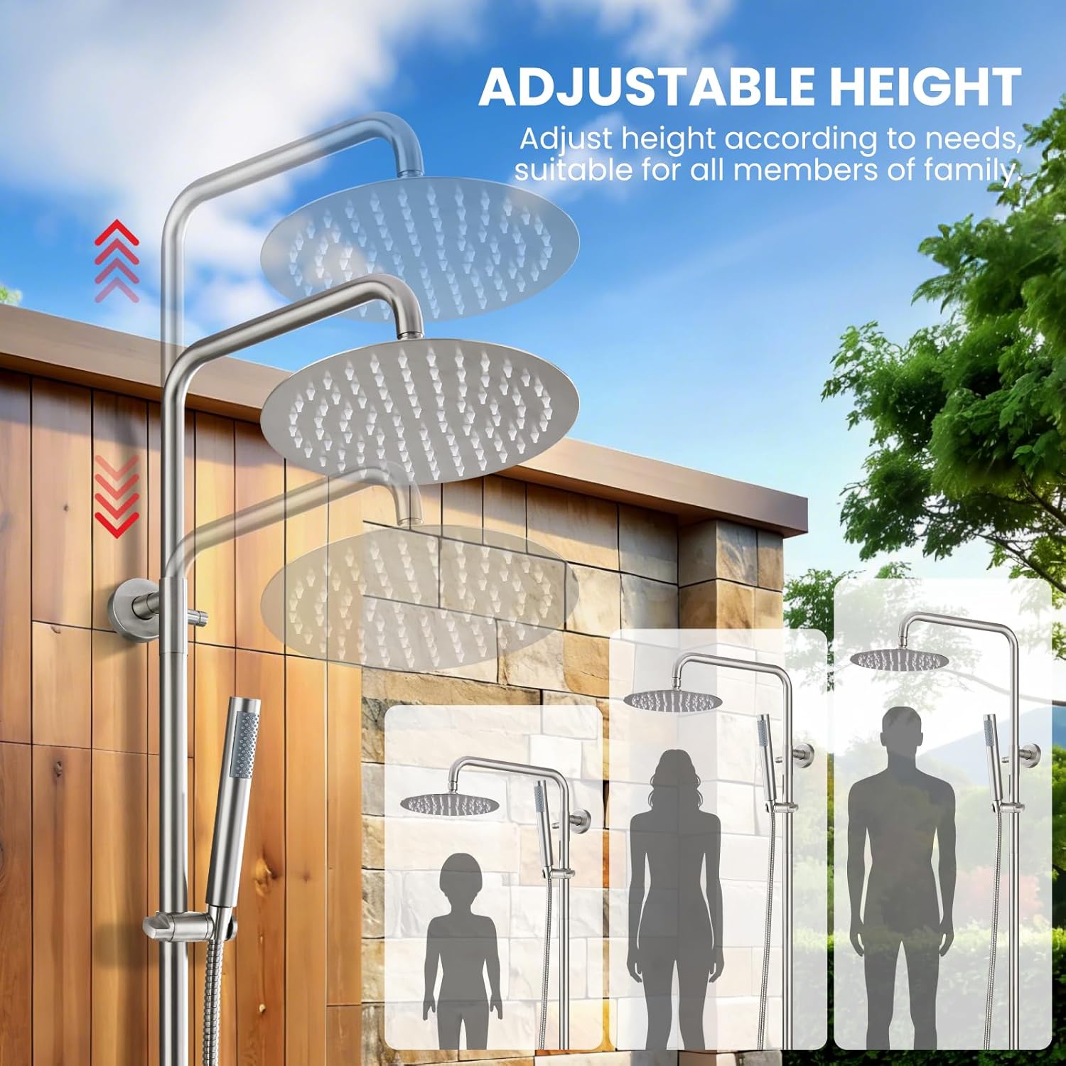 gotonovo Outdoor Shower Fixtures SUS304 Stainless Steel Rain Shower Kit Faucet High Pressure Wall Mount 2 Dual Function 8 Inch Showerhead and Handheld Spray Combo, Single Handle, Brushed Nickel