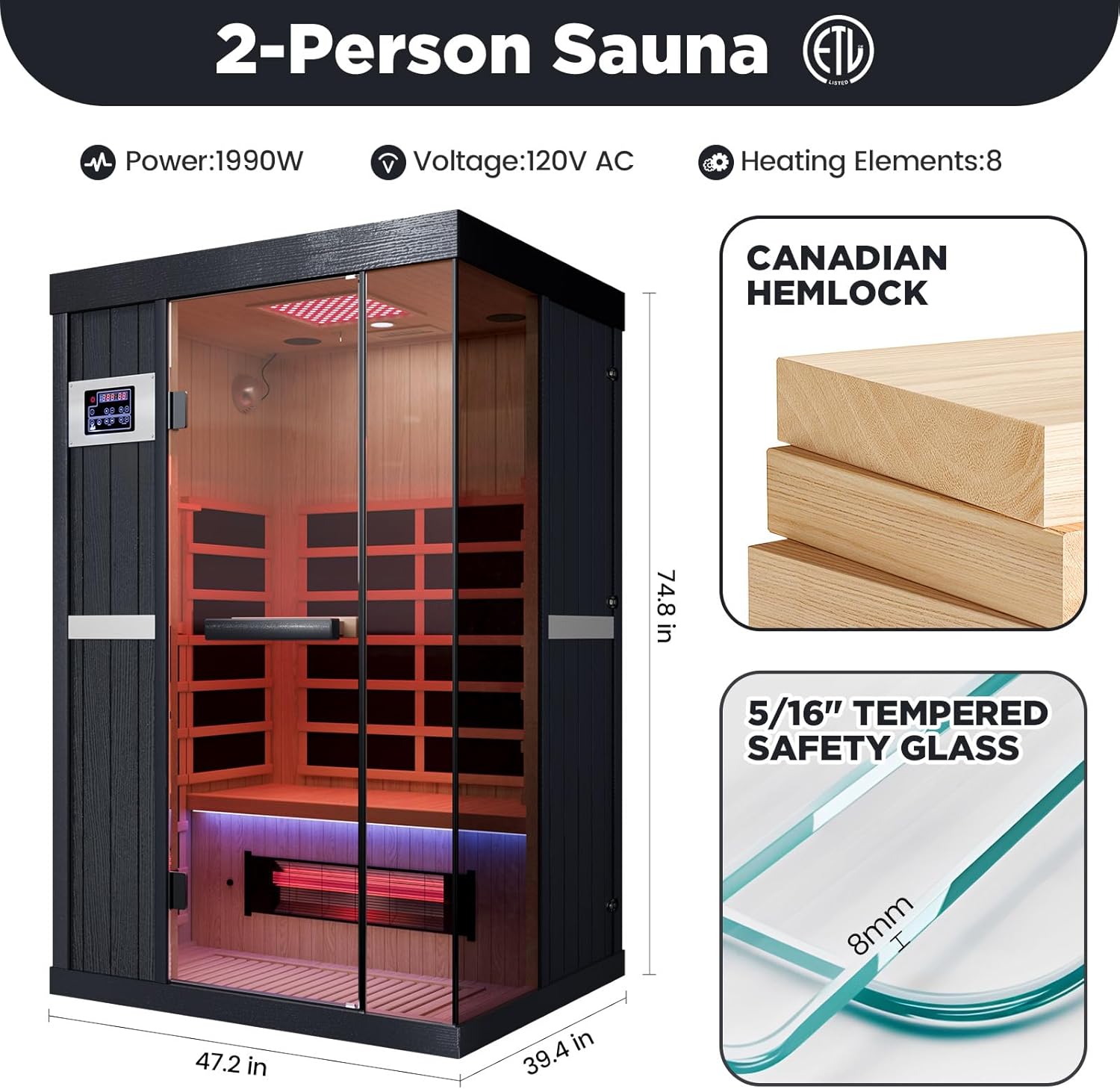 2-Person Full Spectrum Infrared Sauna, 1990W 120V with 12"*12" Red Light Therapy, 2 Speakers, Indoor Dry Sauna for Home & Gym, Canadian Hemlock Wood