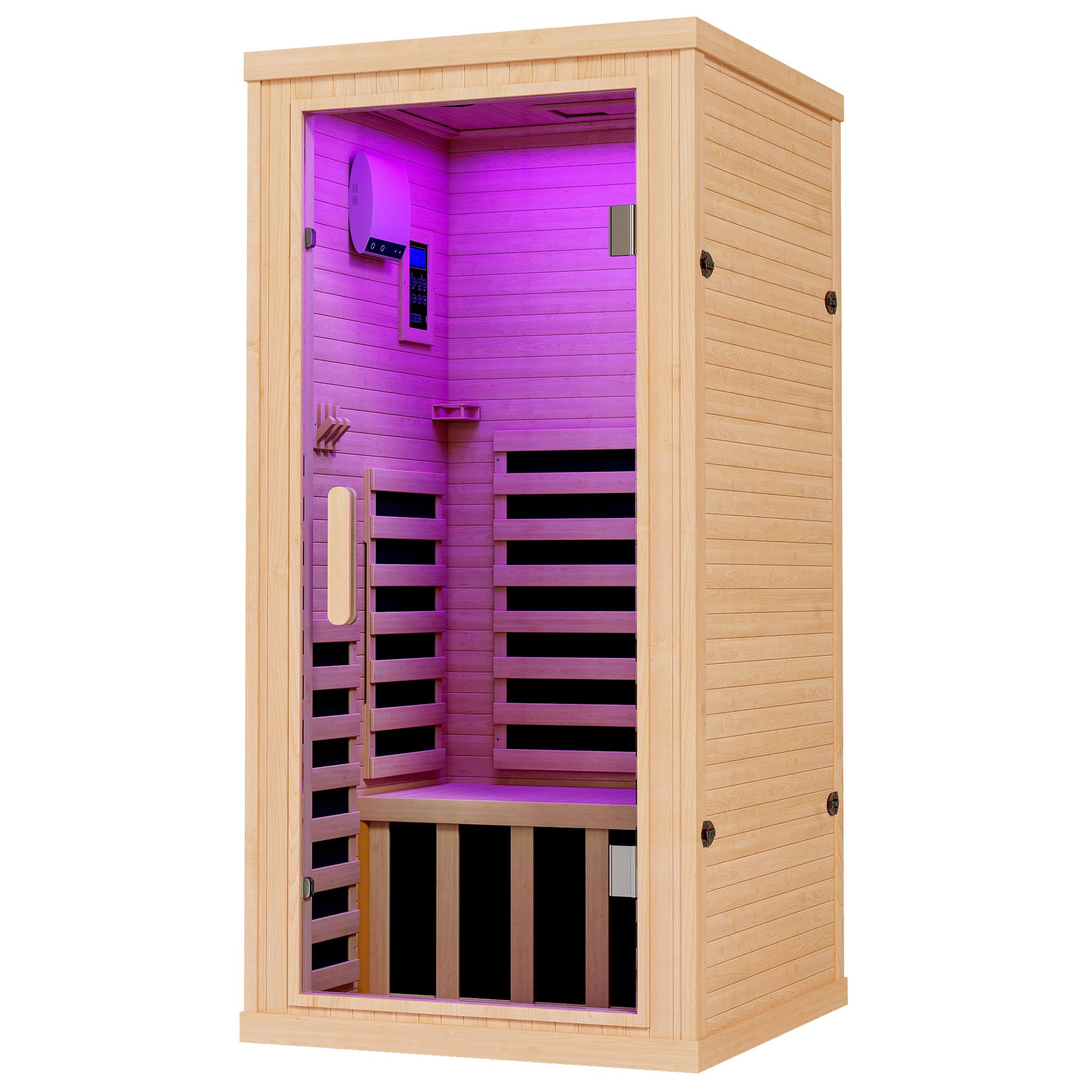 YUMPIE Outdoor Sauna 1 Person, Infrared Saunas for Home, Low EMF 110V Spruce Wood Dry Sauna with Tourmaline Stone Foot Warmer, 7-Color Light Therapy & 2 Bluetooth Speakers, 33.5"x35.4"x78.7"
