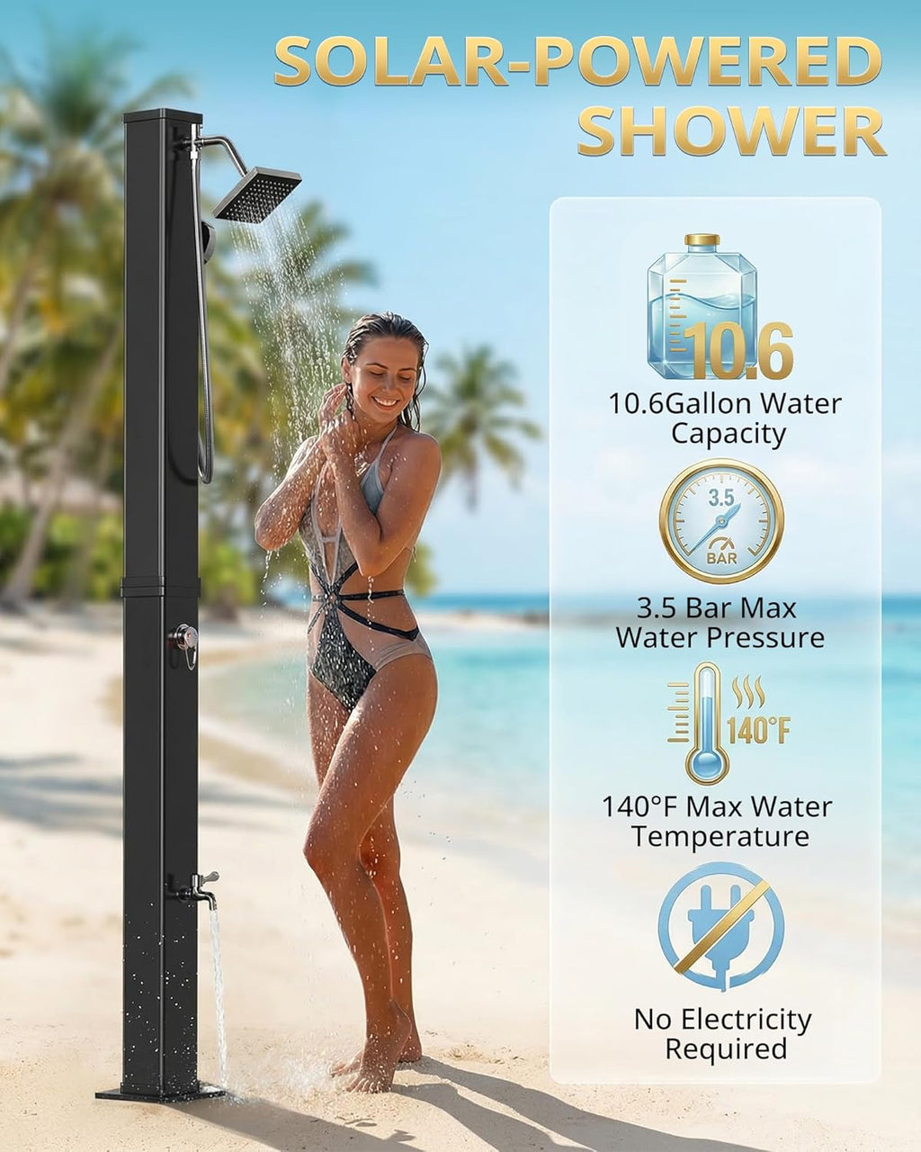 10.6 Gallon Solar Heated Outdoor Shower, Freestanding Poolside Shower with 360° Rainfall & Handheld Sprayer & Foot Wash, Thickened PVC for Crack-Resistant, Hot/Cold Adjustment for Garden, Beach, Pet