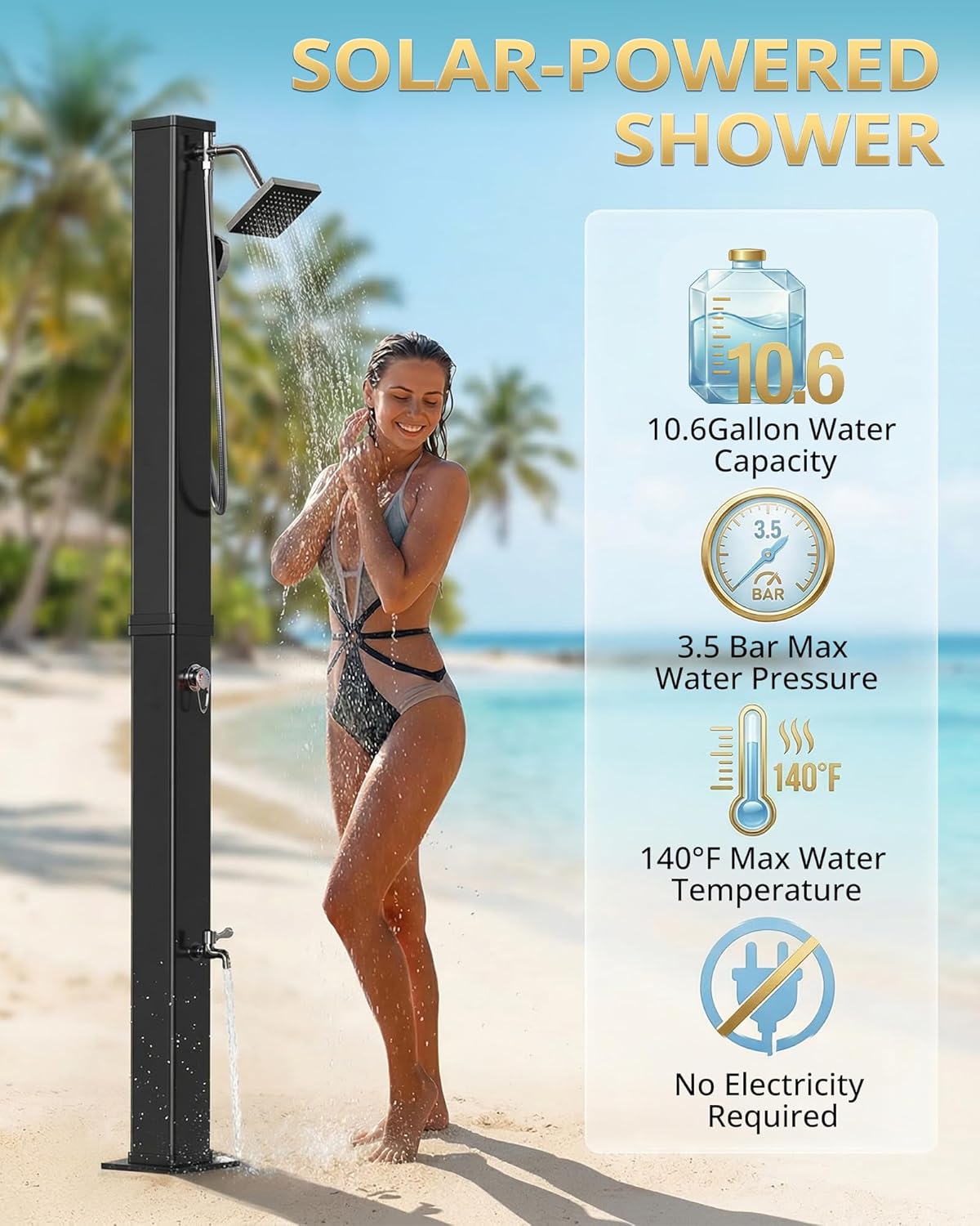 10.6 Gallon Solar Heated Outdoor Shower, Freestanding Poolside Shower with 360° Rainfall & Handheld Sprayer & Foot Wash, Thickened PVC for Crack-Resistant, Hot/Cold Adjustment for Garden, Beach, Pet