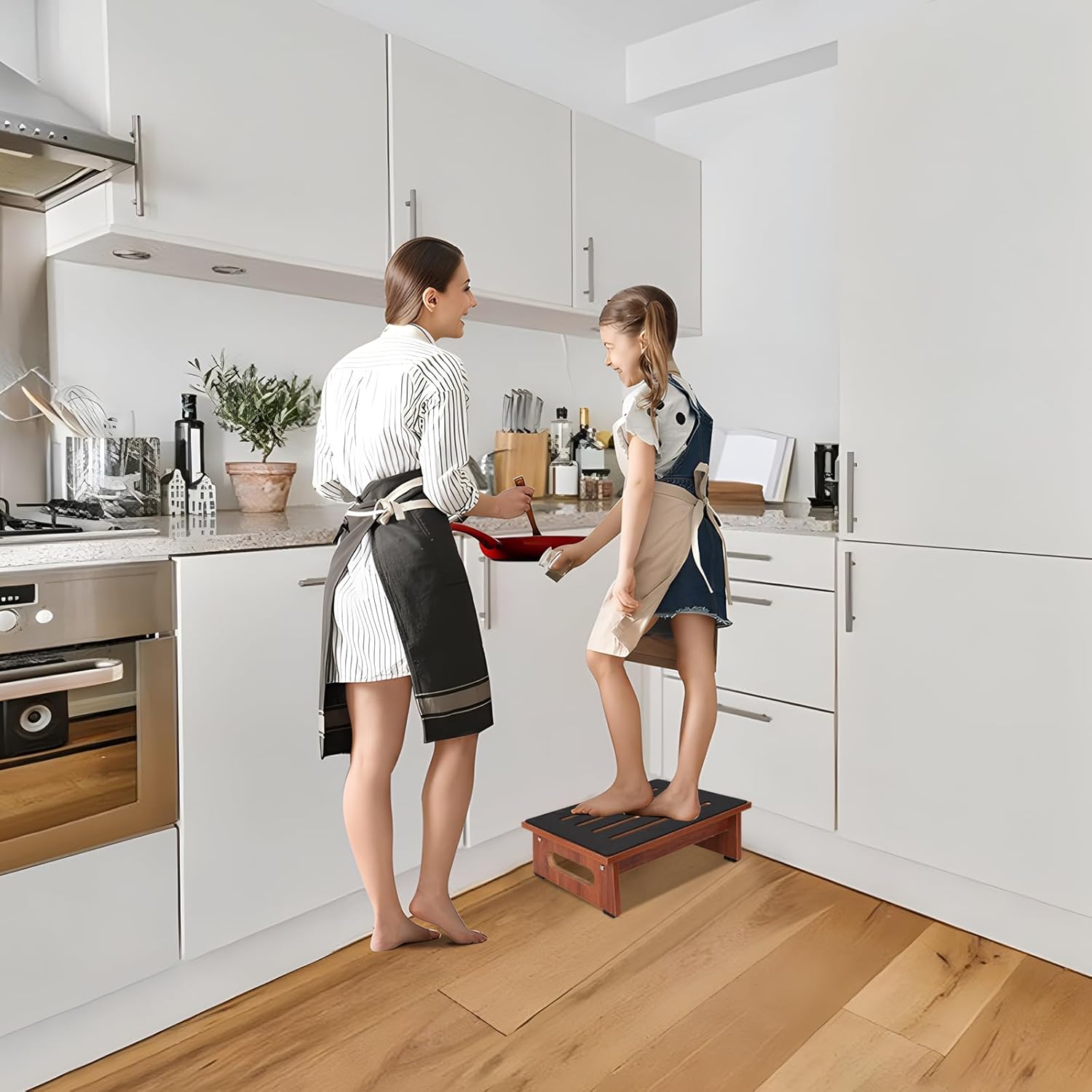 One Step Stool for Adults Seniors with Non-Slip Rubber Stepping Surface, Heavy Duty Wooden Step Stool with 450 LBS Capacity Bed Steps for High Beds, Bathroom, Bedroom, Kitchen & Kids Bedside Support