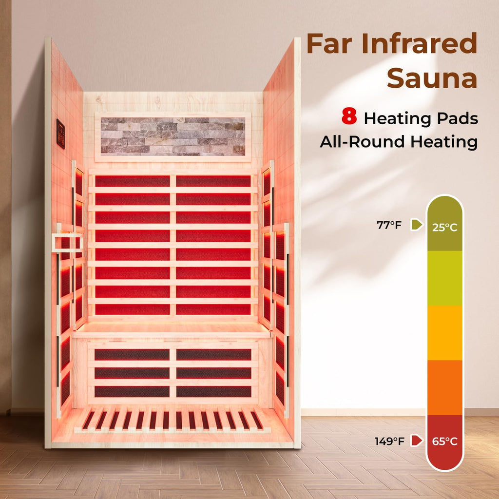 2 Person Far Infrared Sauna, Indoor Sauna for Home, 2000W Low EMF 110V with 8 Heaters, Chromotherapy Lights, Control Panel, Foot Controllable, Bluetooth Speaker, 47.2 * 41.3 * 75 in