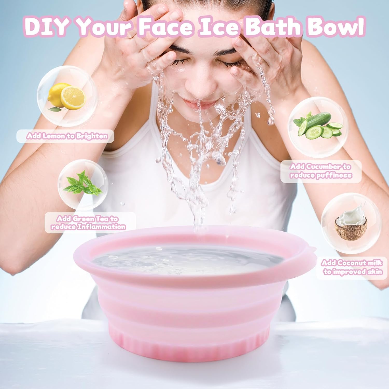 Face Ice Bowl with Built-in Tray, Silicone Facial Bath for Skincare to Soothe Pores and Reduce Puffiness, Cold Plunge Tool with Spa Headband and Wristbands, Pink