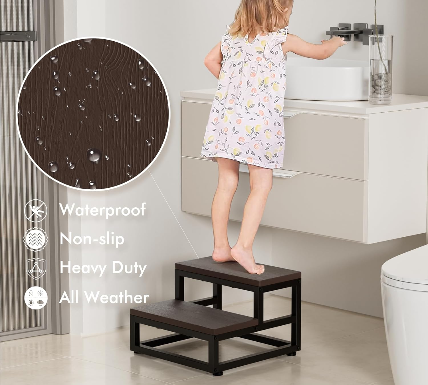 2-Step Waterproof HDPE Step Stools for Adults Kids, Heavy Duty Metal Frame Stepping Stools for High Beds, Non-Slip 2 Bedside Foot Stool with 500 Lbs+ Capacity, Kitchen, Bed, RV Step-Dark Brown