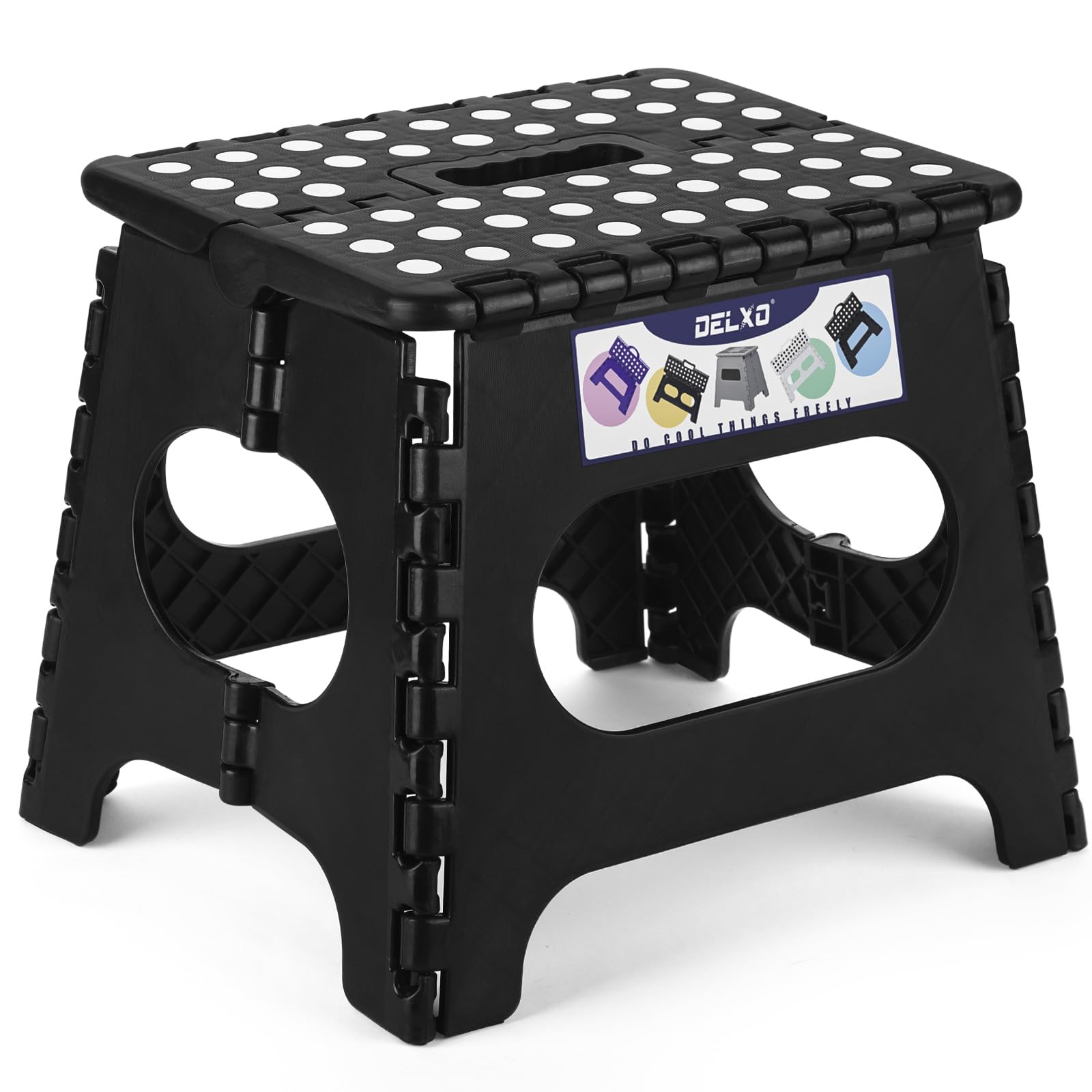 Delxo Folding Step Stool, 13 inch Non-Slip Foldable Stools Up to 300 LBS, Step Stool with Handle, Lightweight for Kitchen, Bathroom, Bedroom, Garden, Black, 1PC