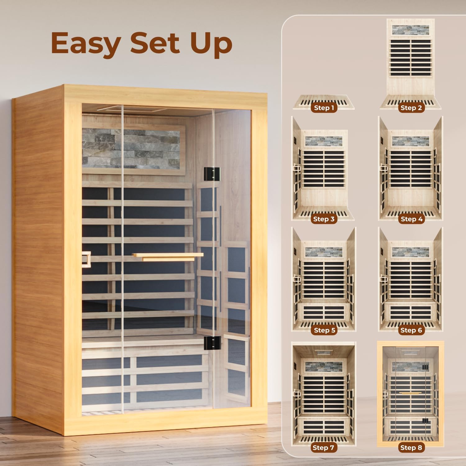 2 Person Far Infrared Sauna, Indoor Sauna for Home, 2000W Low EMF 110V with 8 Heaters, Chromotherapy Lights, Control Panel, Foot Controllable, Bluetooth Speaker, 47.2 * 41.3 * 75 in