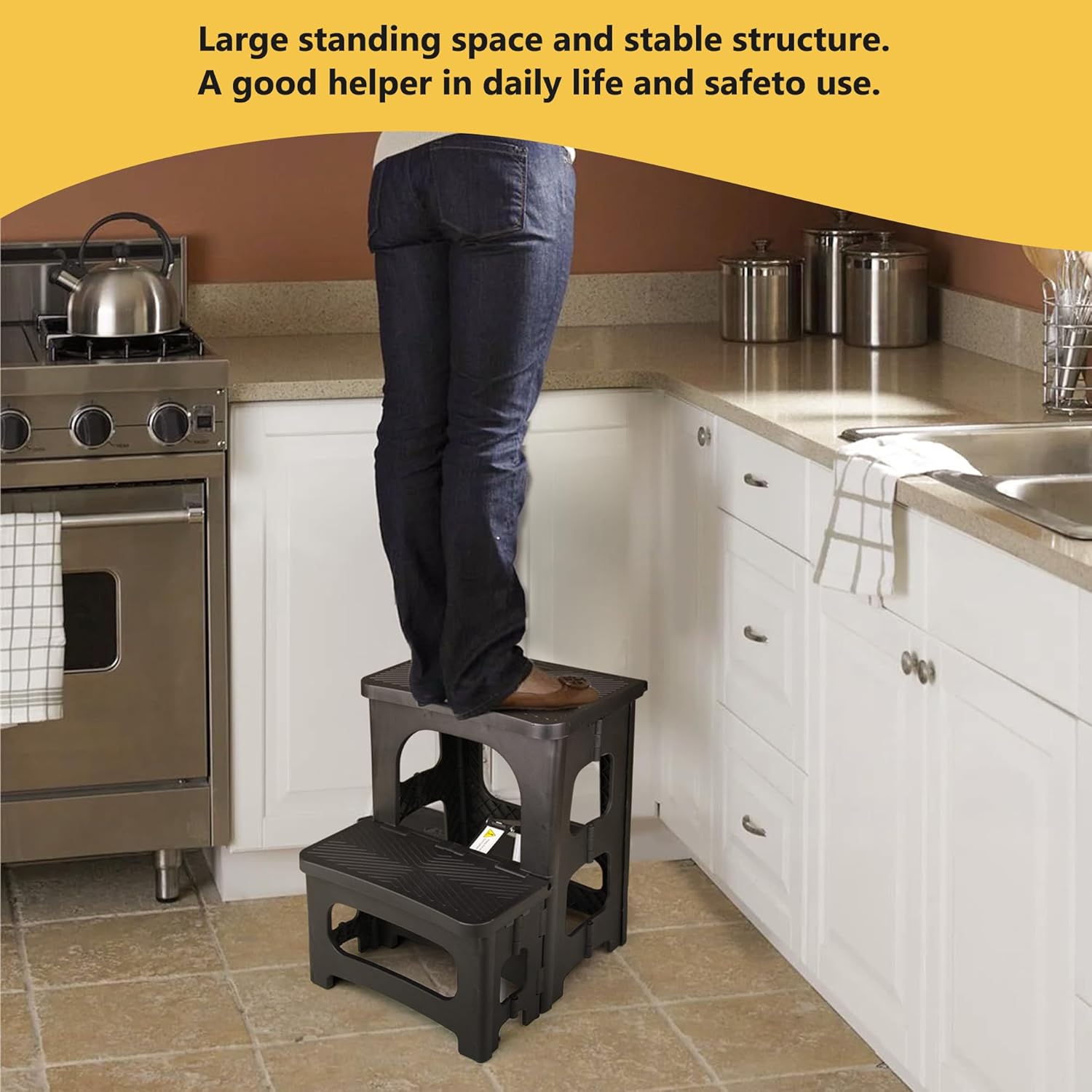 2 Step Folding Stool Non Slip 250 lb Capacity Foldable Step Stool 8 and 17 Inch Dual Height Portable Foot Stool for Kitchen Bathroom Black