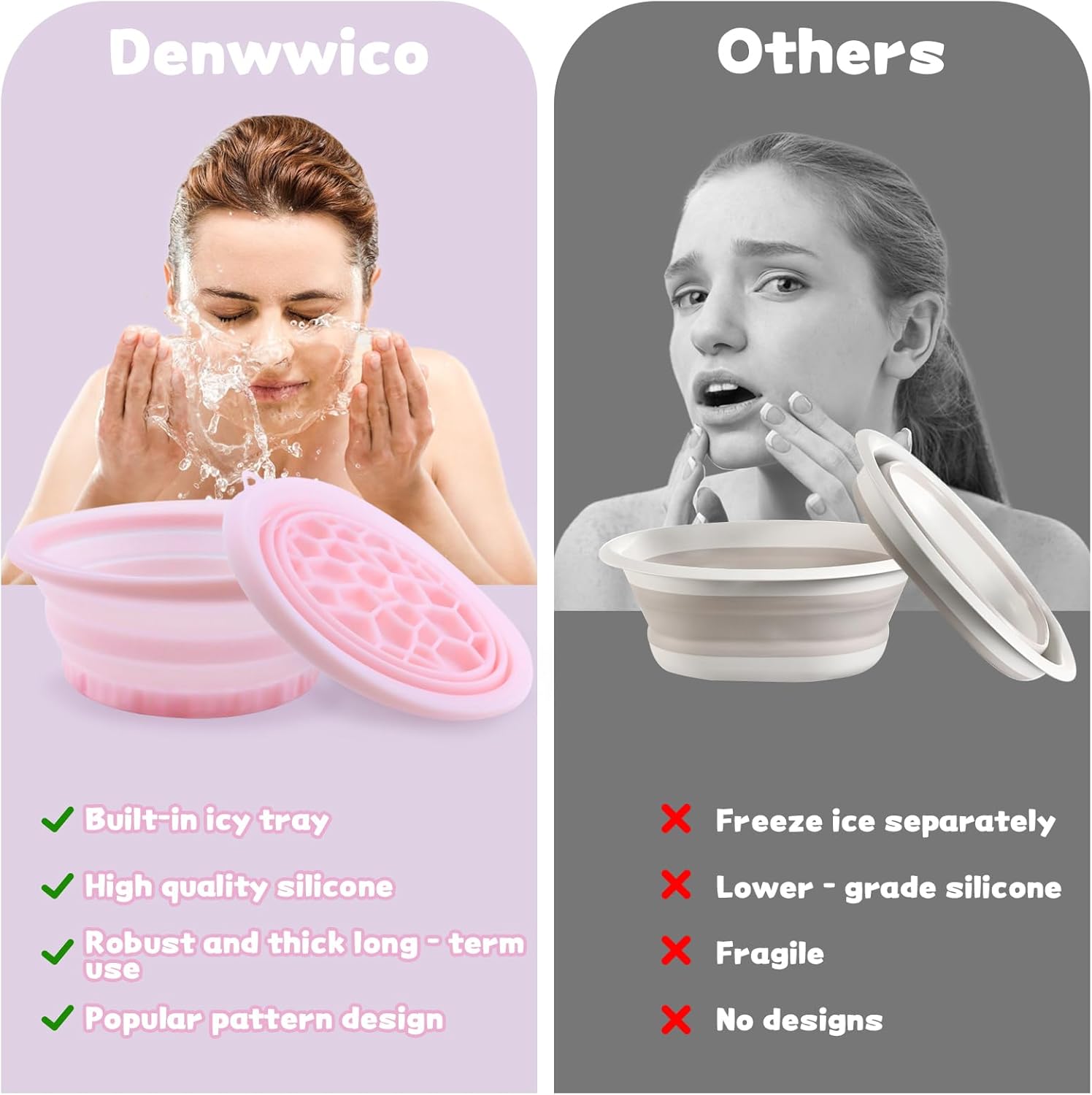 Face Ice Bowl with Built-in Tray, Silicone Facial Bath for Skincare to Soothe Pores and Reduce Puffiness, Cold Plunge Tool with Spa Headband and Wristbands, Pink