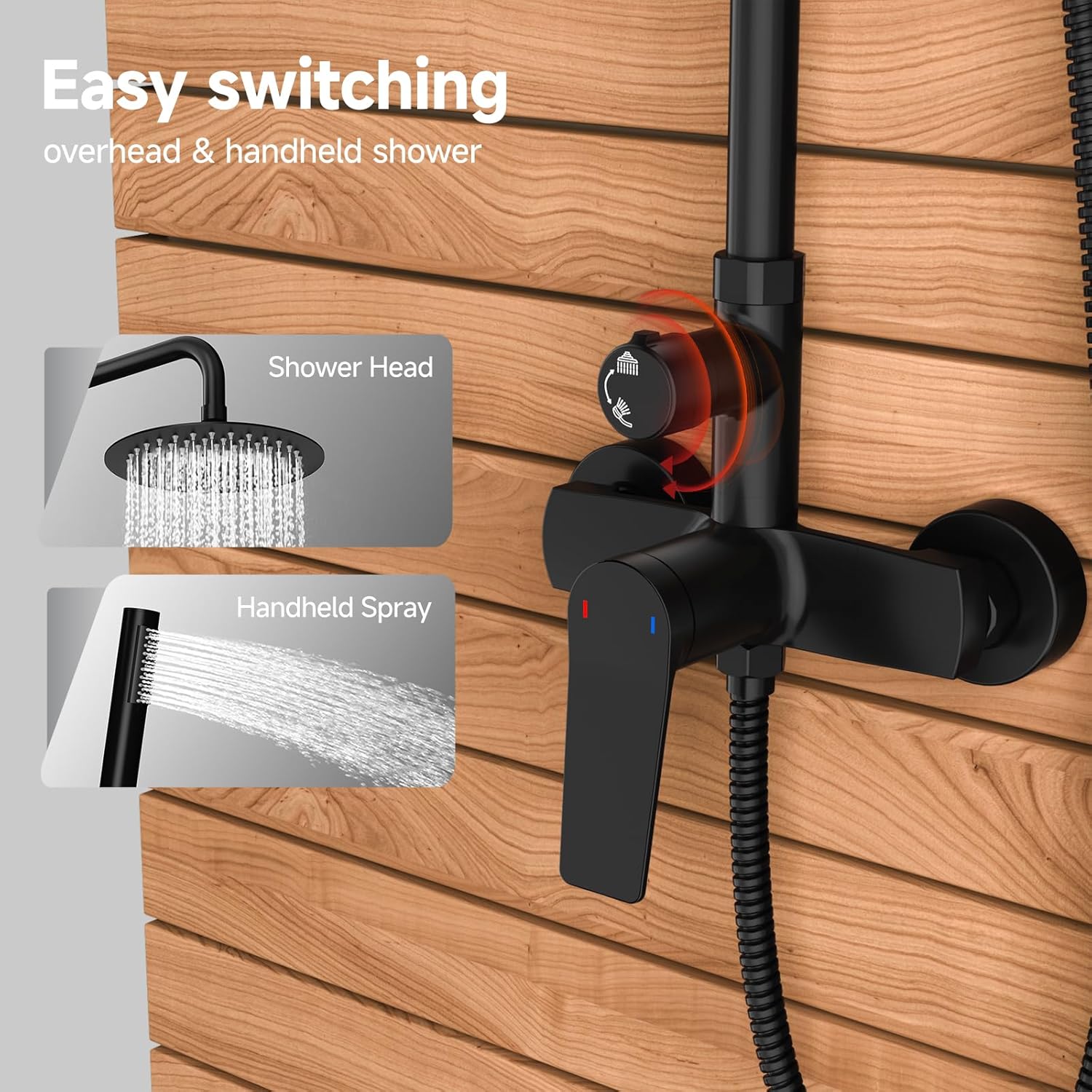 Rainsworth Outdoor Shower Kit Matte Black - Single Handle Brass Valve, 8 Inch Rain Shower Head and Handheld Spray Shower Fixture Combo, 304 Stainless Steel Wall Mount