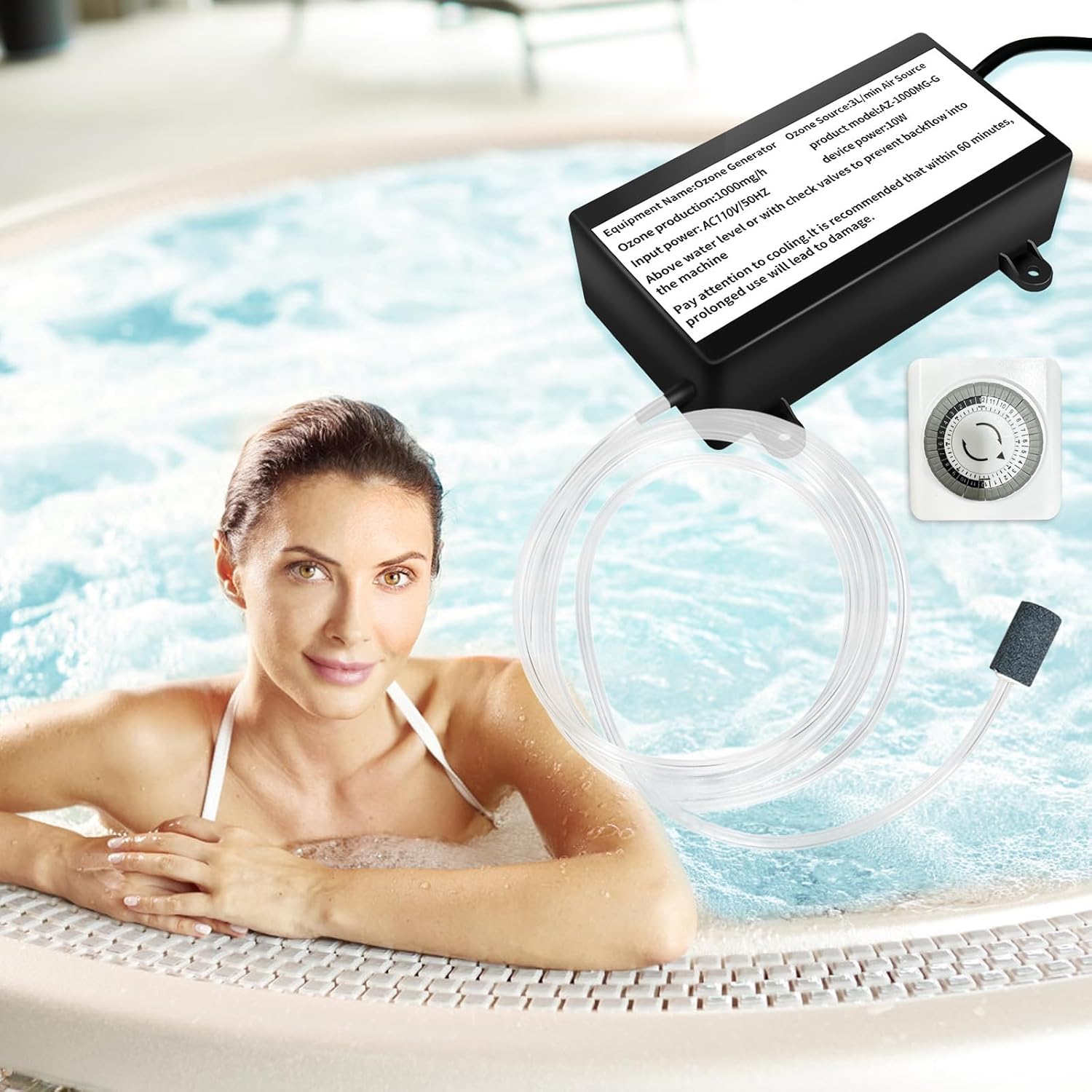 Water Ozone Generator for for Cold Plunge with Timer, 1000mg/H Ozone Bubbler Keep spa Pool Clean,Ozone Generator for Water Portable Ozonator Tub Accessories