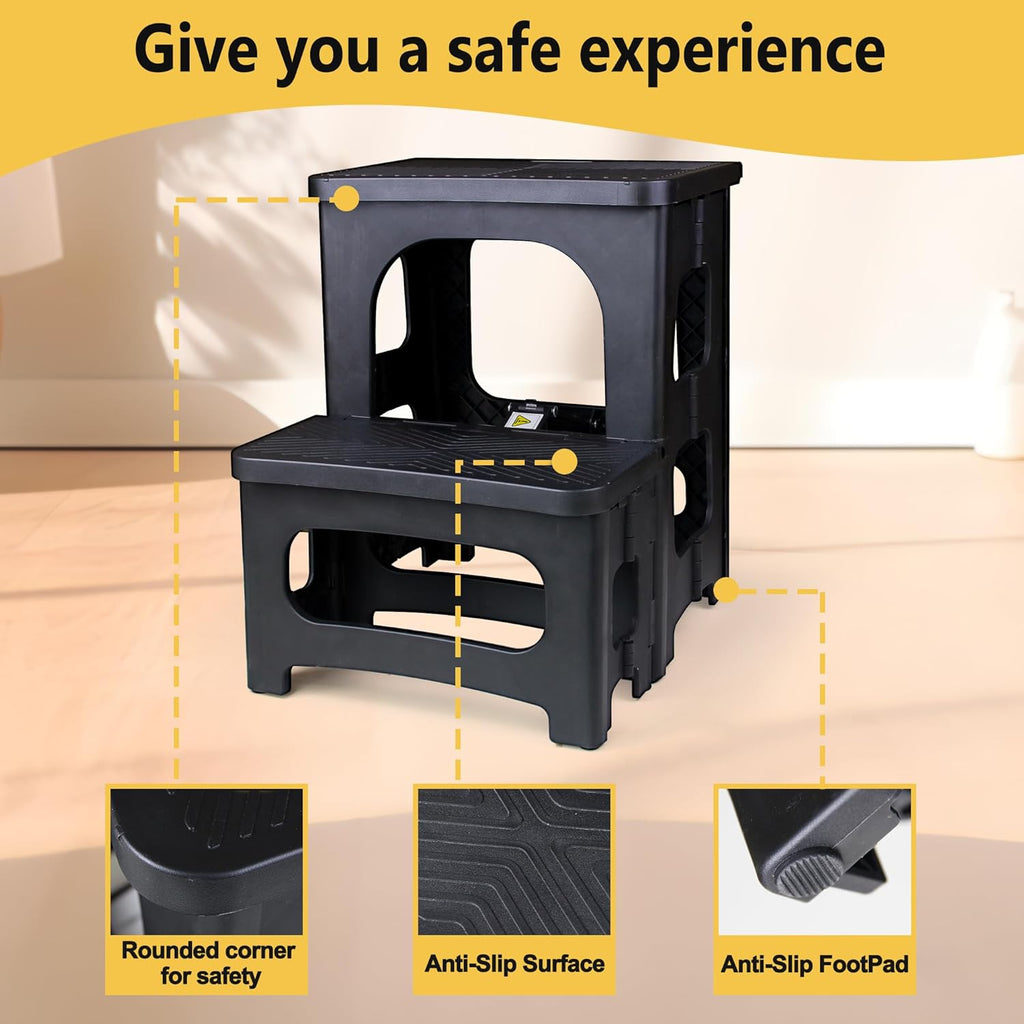 2 Step Folding Stool Non Slip 250 lb Capacity Foldable Step Stool 8 and 17 Inch Dual Height Portable Foot Stool for Kitchen Bathroom Black