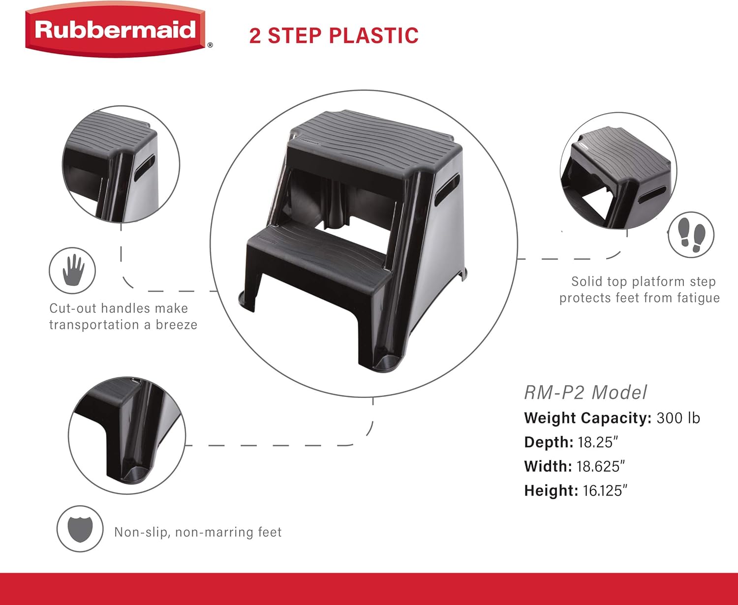 Rubbermaid 2-Step Molded Plastic Step Stool, Lightweight with Slip Resistant Treads and Non-Slip Feet, Black (Amazon Exclusive)