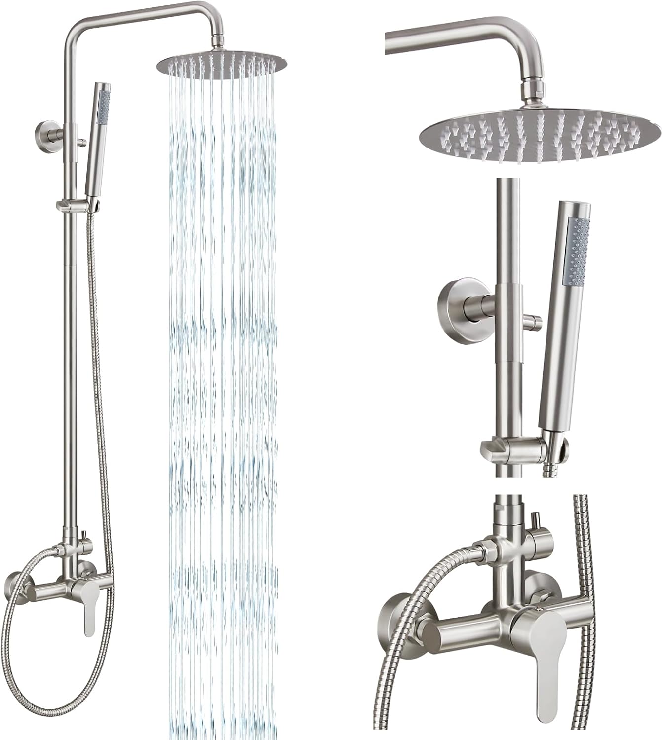 gotonovo Outdoor Shower Fixtures SUS304 Stainless Steel Rain Shower Kit Faucet High Pressure Wall Mount 2 Dual Function 8 Inch Showerhead and Handheld Spray Combo, Single Handle, Brushed Nickel