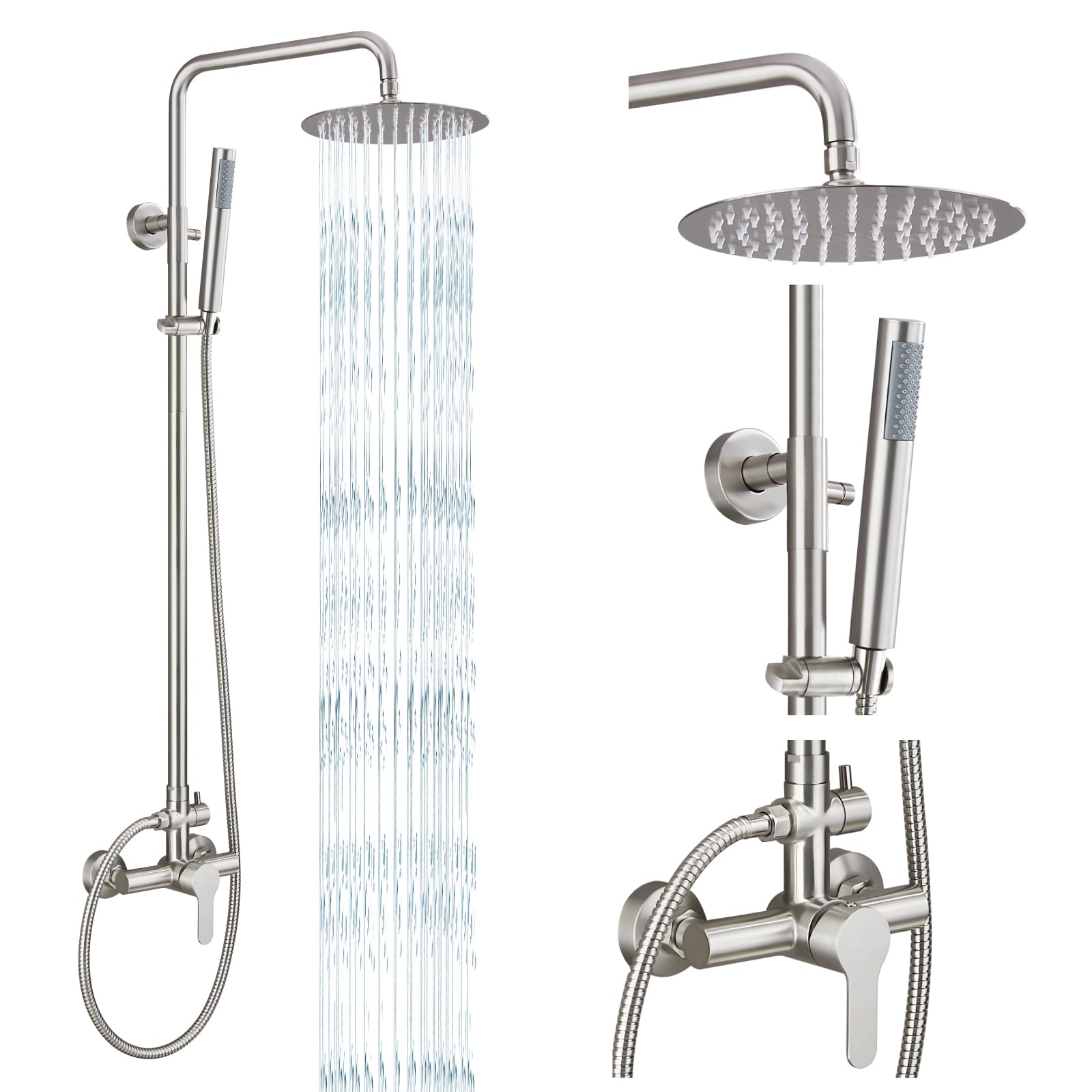 gotonovo Outdoor Shower Fixtures SUS304 Stainless Steel Rain Shower Kit Faucet High Pressure Wall Mount 2 Dual Function 8 Inch Showerhead and Handheld Spray Combo, Single Handle, Brushed Nickel