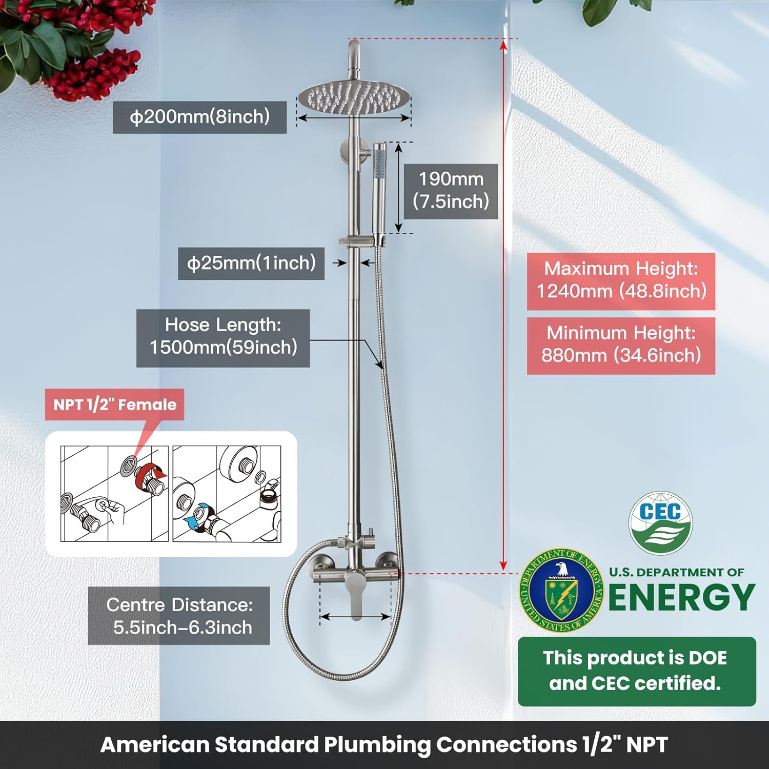 gotonovo Outdoor Shower Fixtures SUS304 Stainless Steel Rain Shower Kit Faucet High Pressure Wall Mount 2 Dual Function 8 Inch Showerhead and Handheld Spray Combo, Single Handle, Brushed Nickel