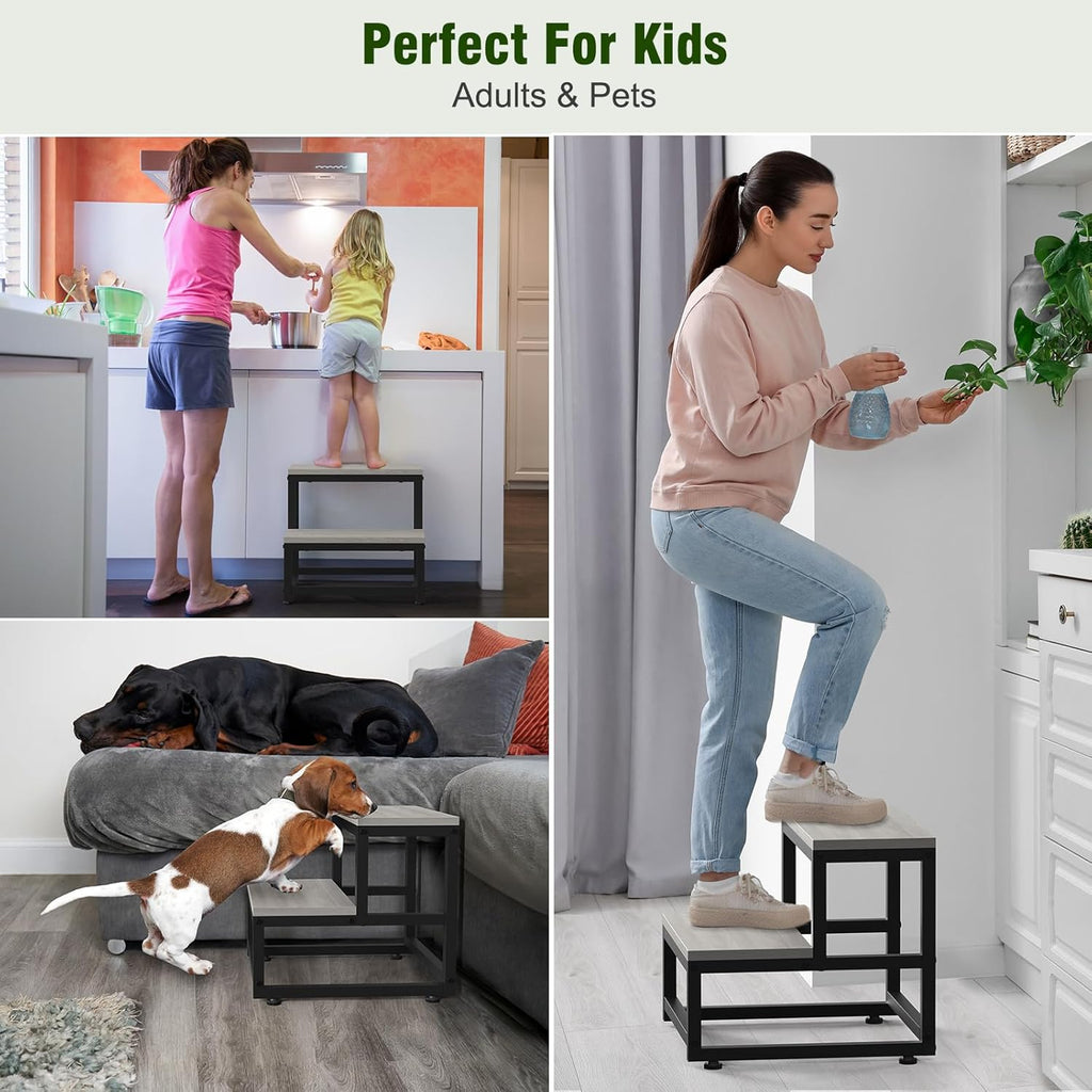 LIANTRAL Step Stool for Adults & Kids, Heavy Duty Wooden Stepping Stools, Bedside Foot Stool with 500lbs Load Capacity, Non-Slip 2 Step Stool for Bed, Kitchen, RV - Gray