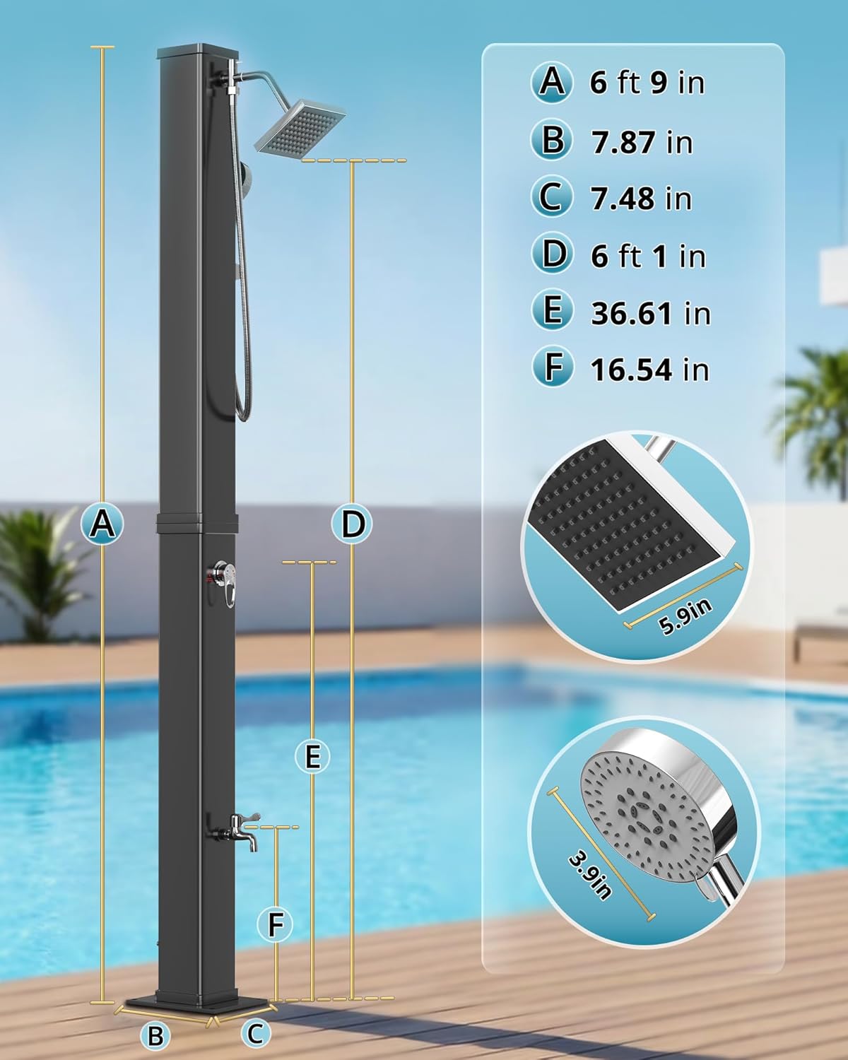 10.6 Gallon Solar Heated Outdoor Shower, Freestanding Poolside Shower with 360° Rainfall & Handheld Sprayer & Foot Wash, Thickened PVC for Crack-Resistant, Hot/Cold Adjustment for Garden, Beach, Pet