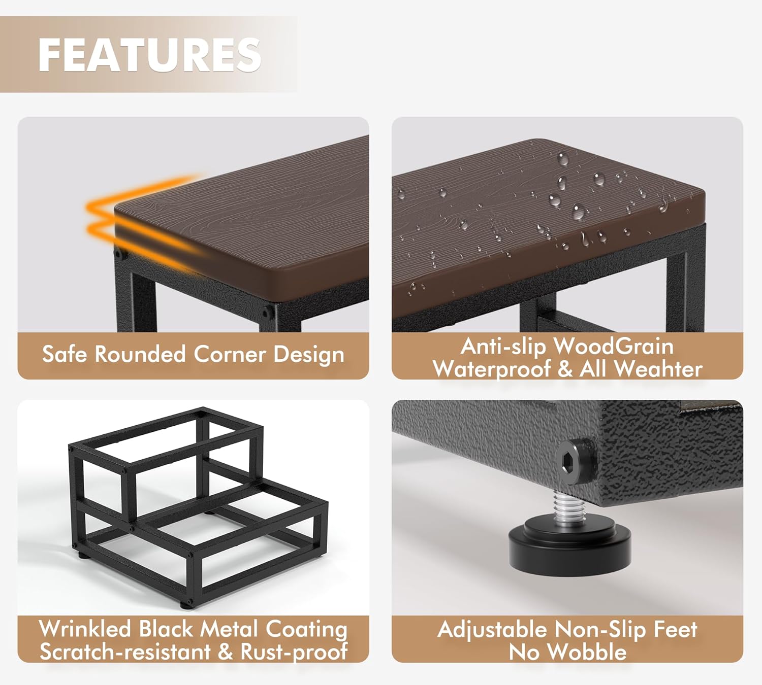 2-Step Waterproof HDPE Step Stools for Adults Kids, Heavy Duty Metal Frame Stepping Stools for High Beds, Non-Slip 2 Bedside Foot Stool with 500 Lbs+ Capacity, Kitchen, Bed, RV Step-Dark Brown